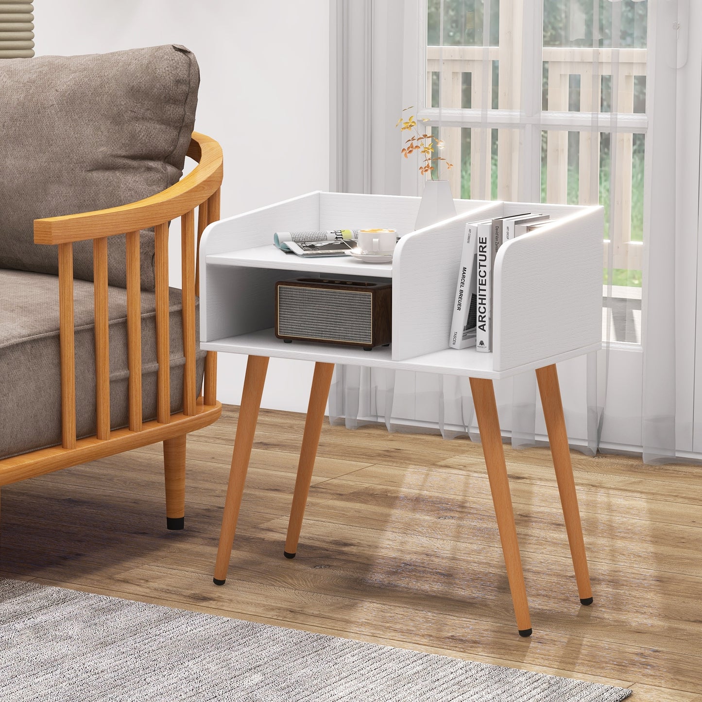 Mid-Century Modern Nightstand with Open Shelves and Side Storage, White Finish