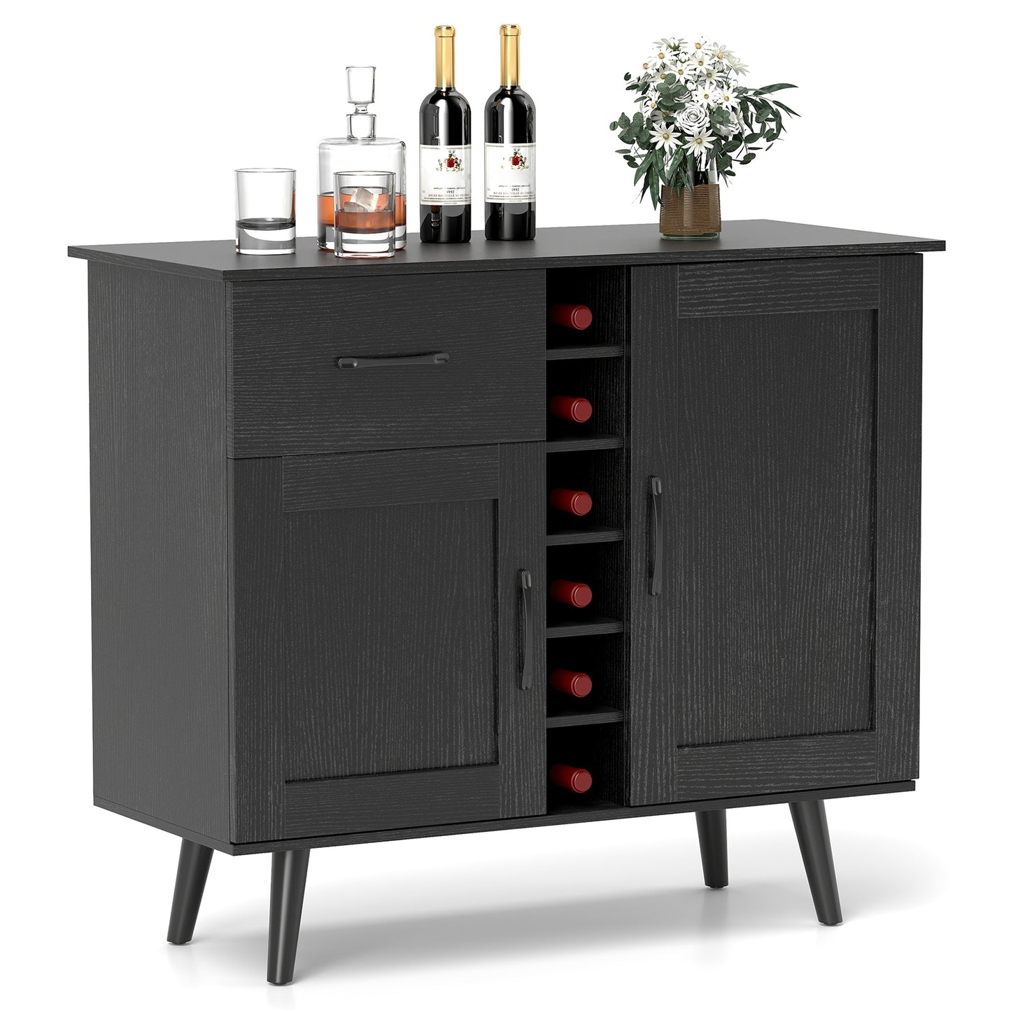 Modern Buffet Sideboard with 2 Cabinets, Storage Drawer and 6 Bottle Wine Rack - Black