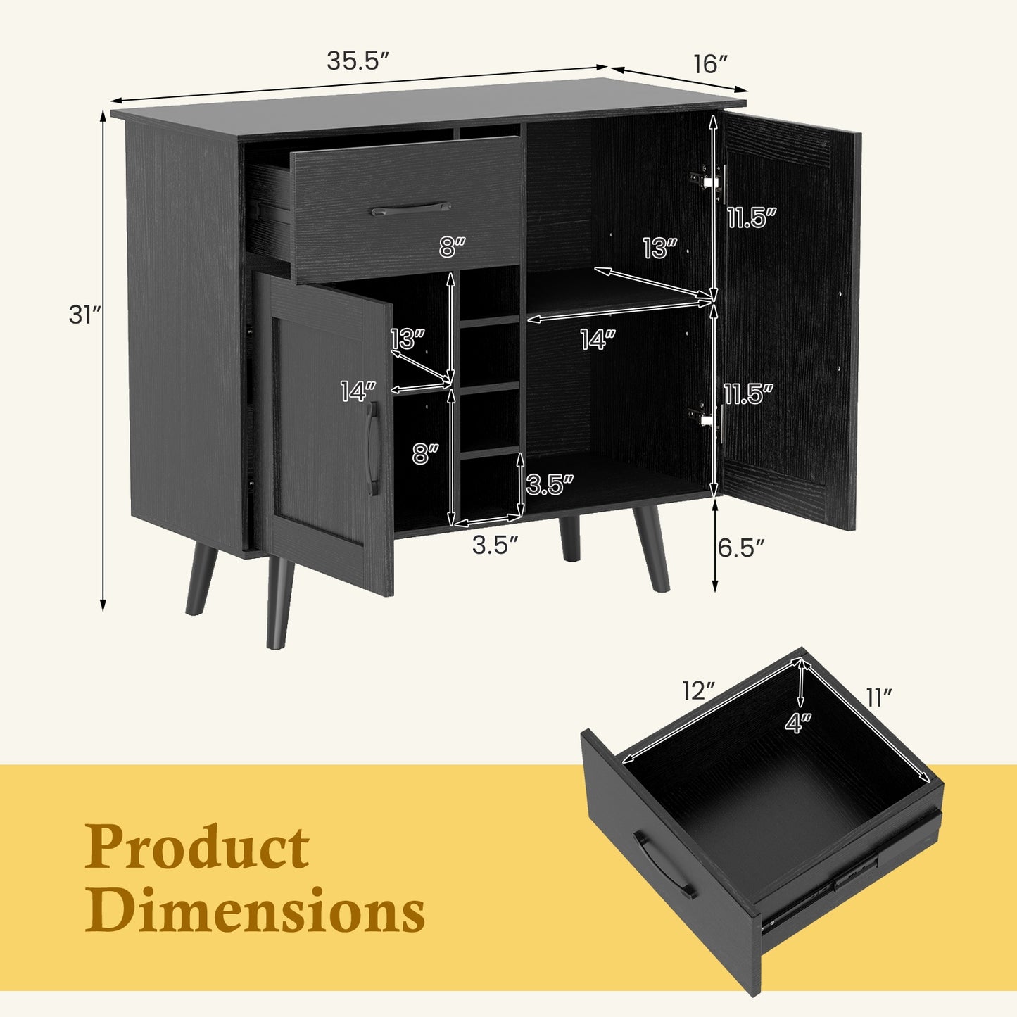 Modern Buffet Sideboard with 2 Cabinets, Storage Drawer and 6 Bottle Wine Rack - Black