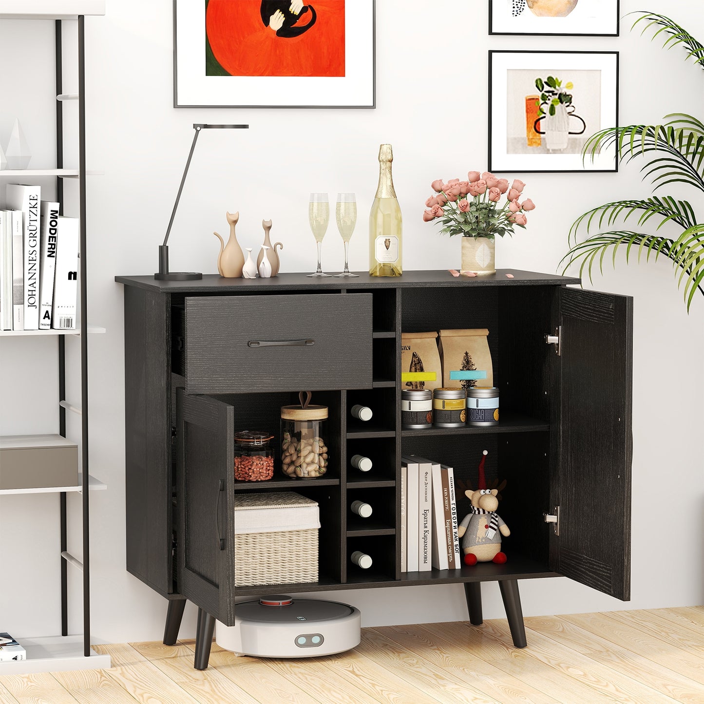 Modern Buffet Sideboard with 2 Cabinets, Storage Drawer and 6 Bottle Wine Rack - Black