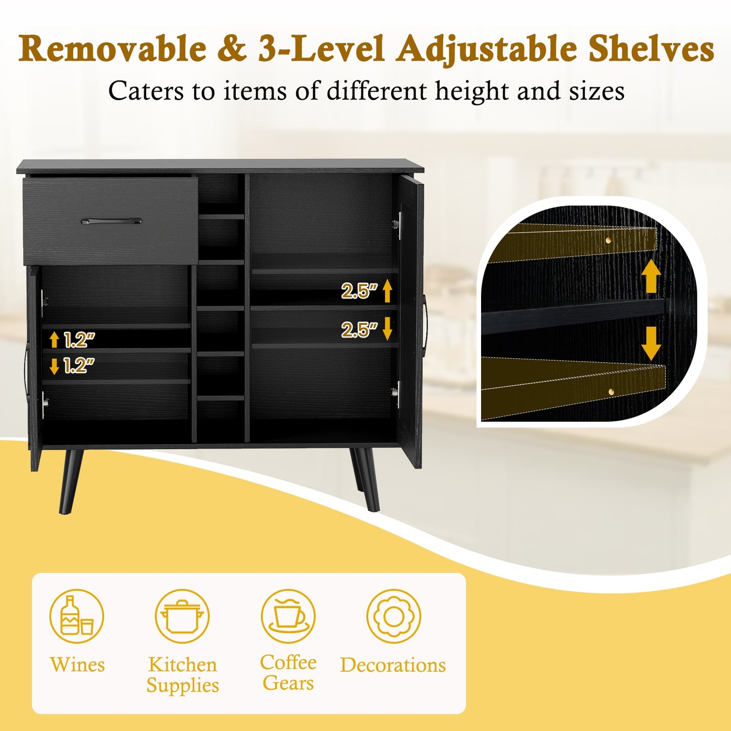 Modern Buffet Sideboard with 2 Cabinets, Storage Drawer and 6 Bottle Wine Rack - Black