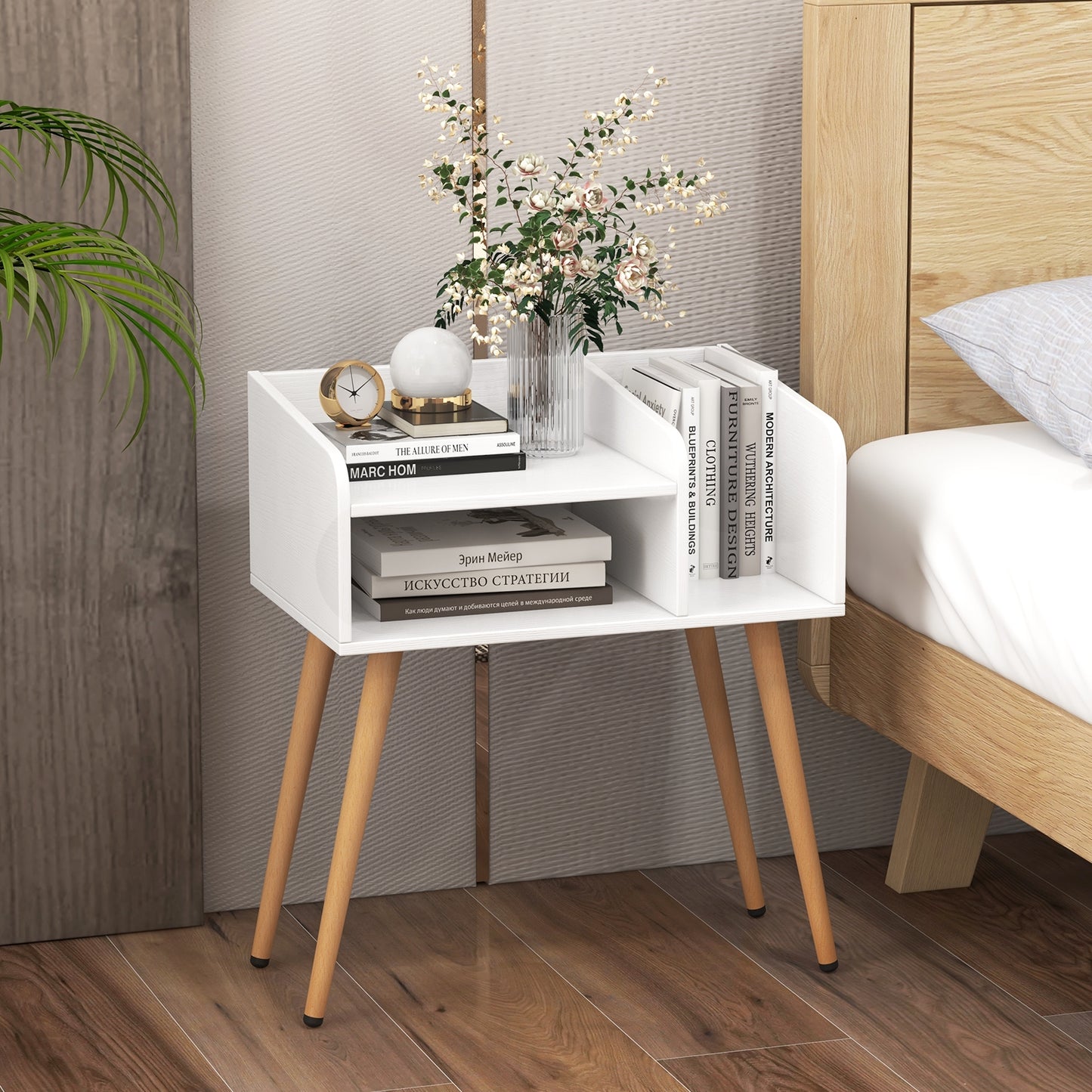 Mid-Century Modern Nightstand with Open Shelves and Side Storage, White Finish