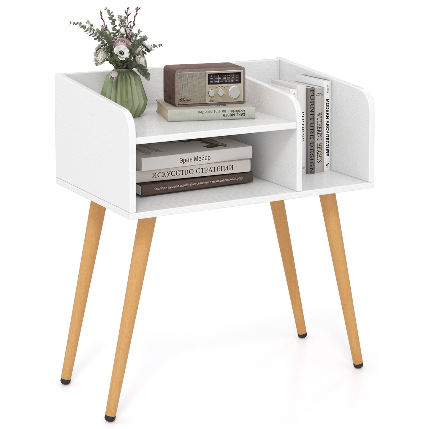 Mid-Century Modern Nightstand with Open Shelves and Side Storage, White Finish