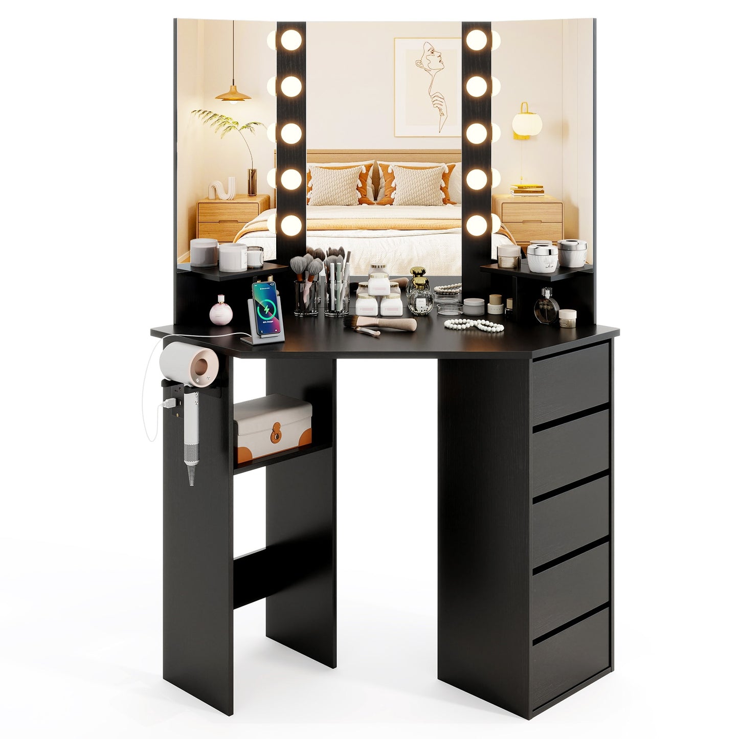 Corner Vanity Desk and Chair Set with LED Lighted Mirror and Charging Station – Black