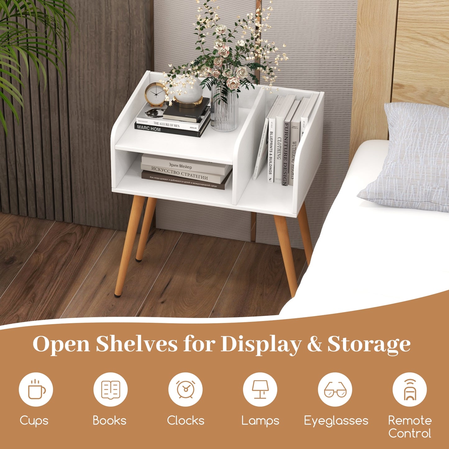 Mid-Century Modern Nightstand with Open Shelves and Side Storage, White Finish