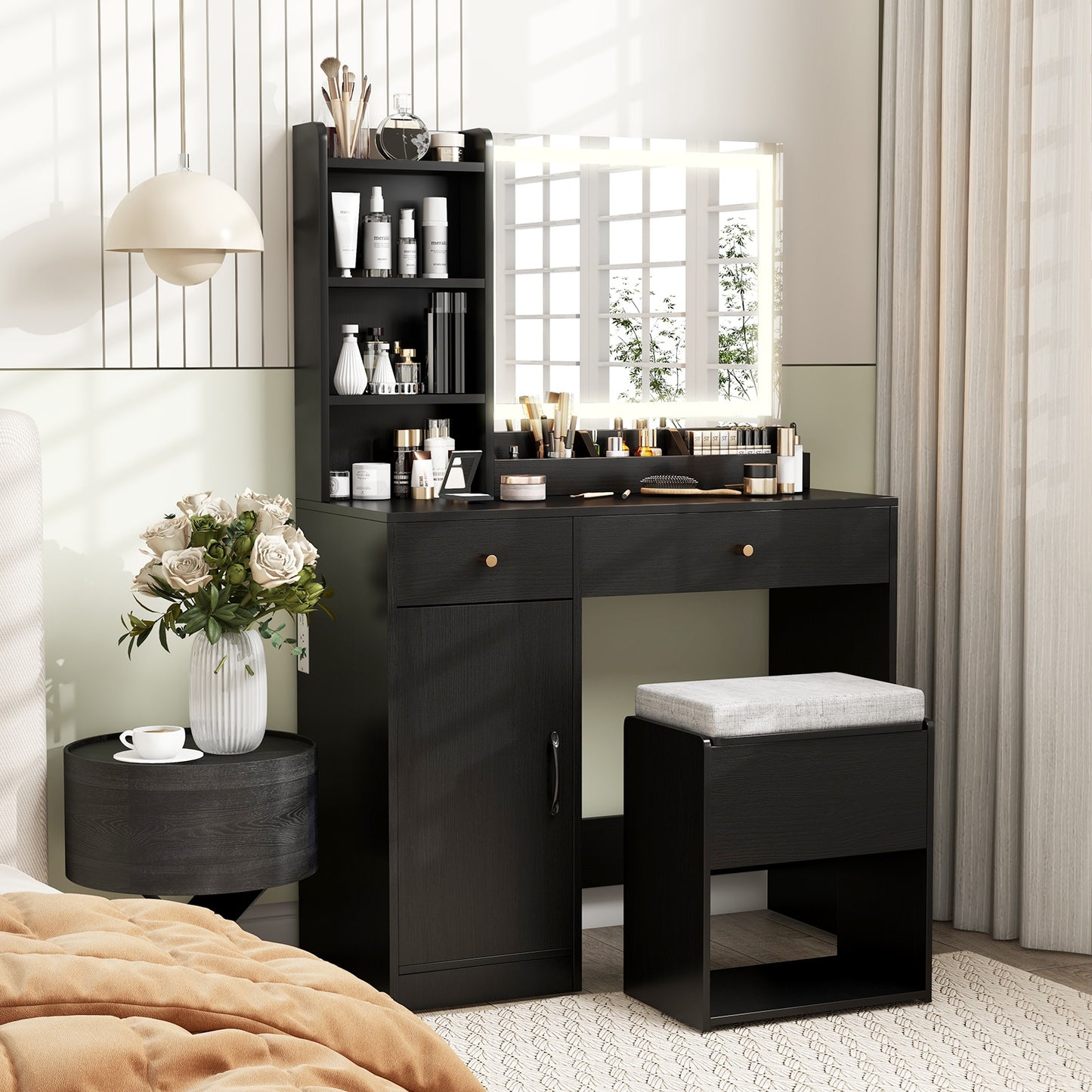 Lighted Makeup Vanity Desk with Mirror and Chair – Black
