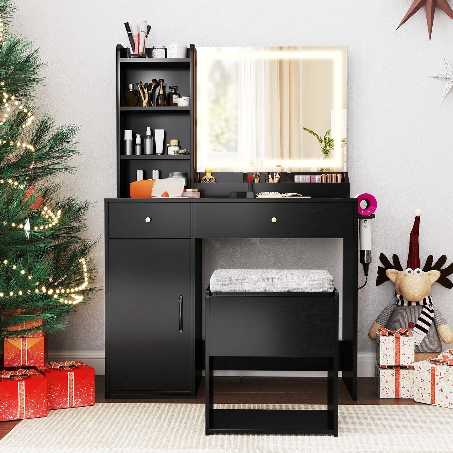 Lighted Makeup Vanity Desk with Mirror and Chair – Black