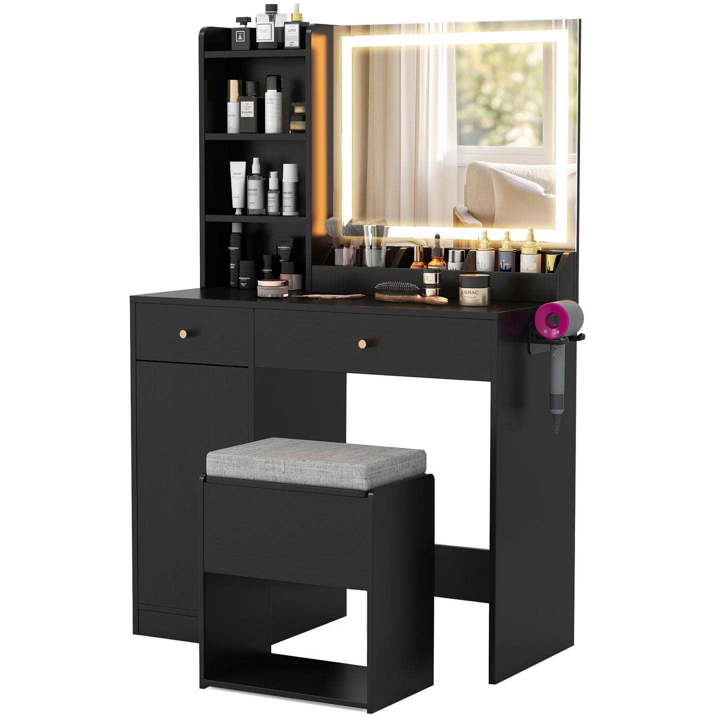 Lighted Makeup Vanity Desk with Mirror and Chair – Black