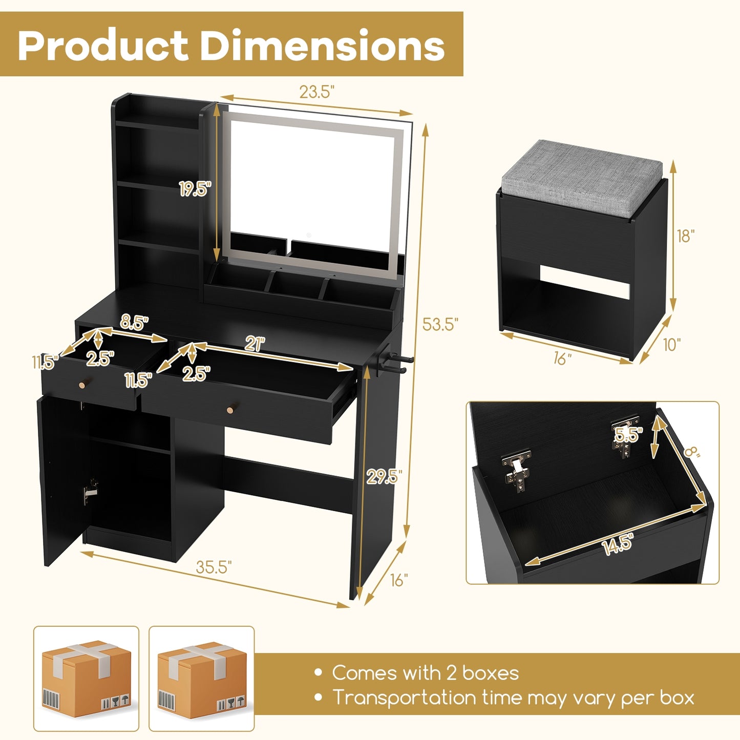 Lighted Makeup Vanity Desk with Mirror and Chair – Black
