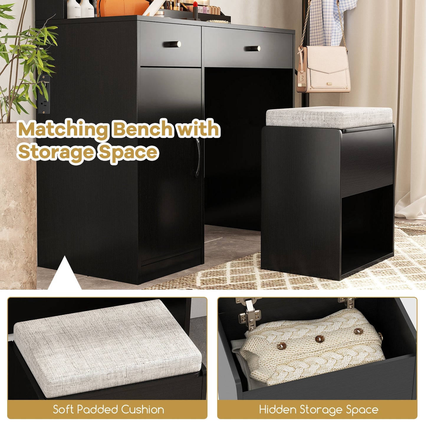 Lighted Makeup Vanity Desk with Mirror and Chair – Black