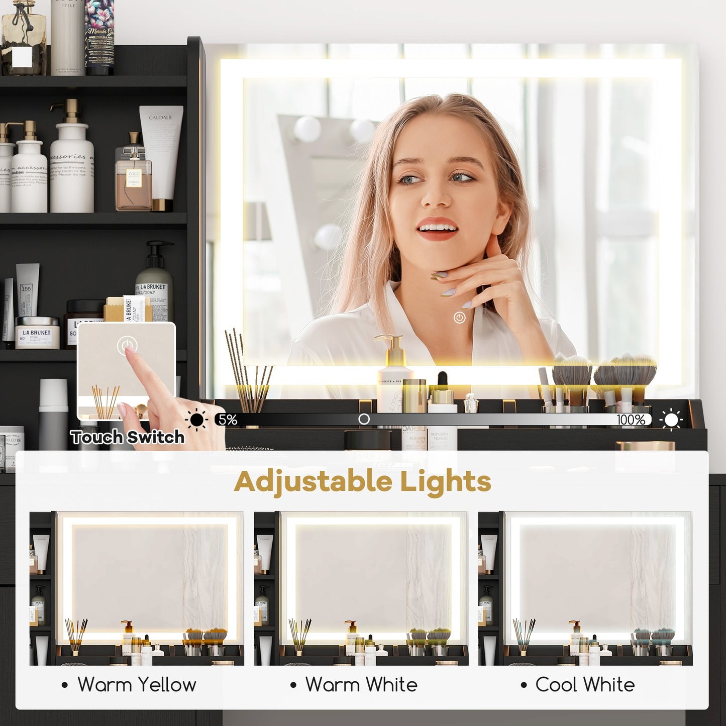 Lighted Makeup Vanity Desk with Mirror and Chair – Black