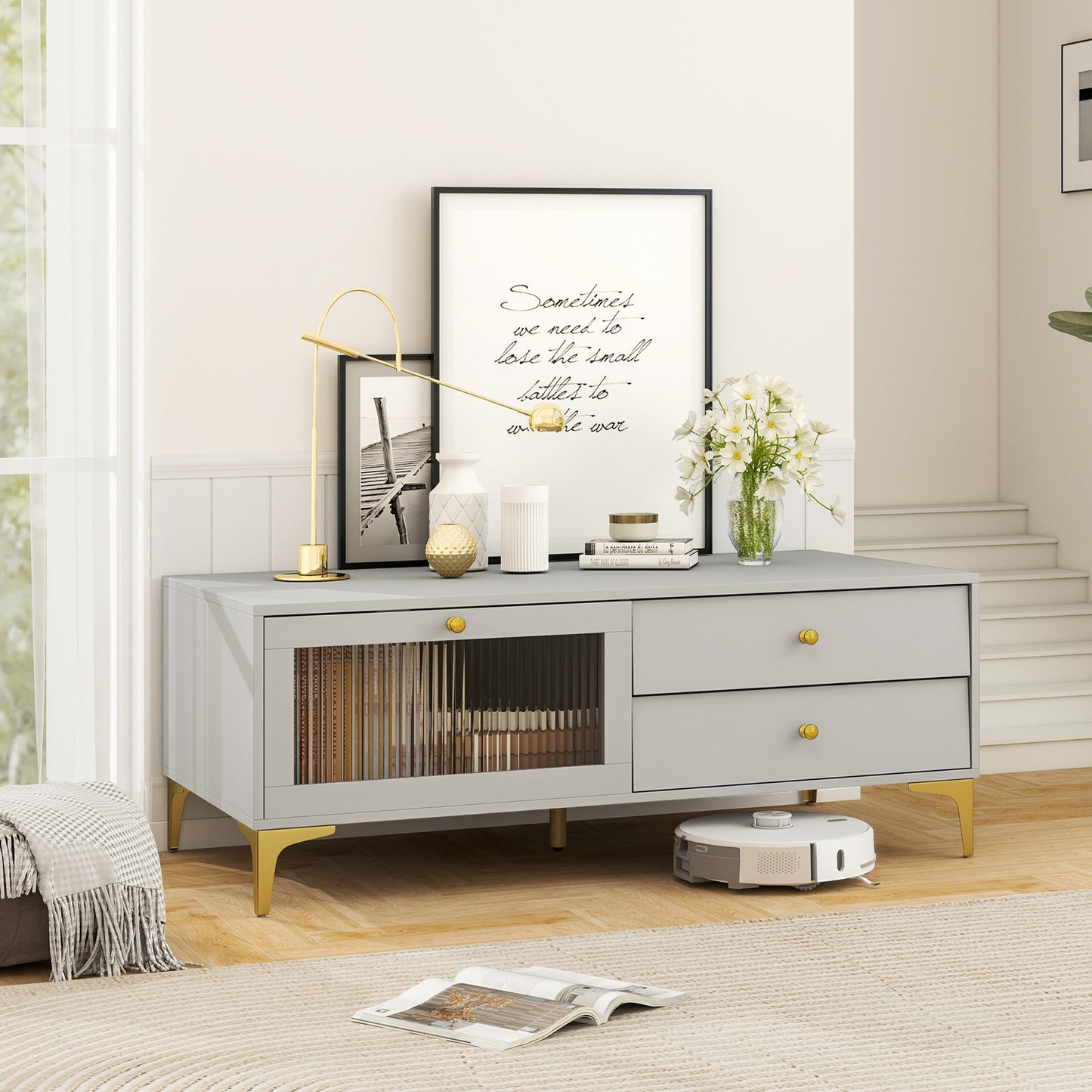 Contemporary Media Console with Glass Front, Storage Compartment and Dual Drawers for 55 Inch TV