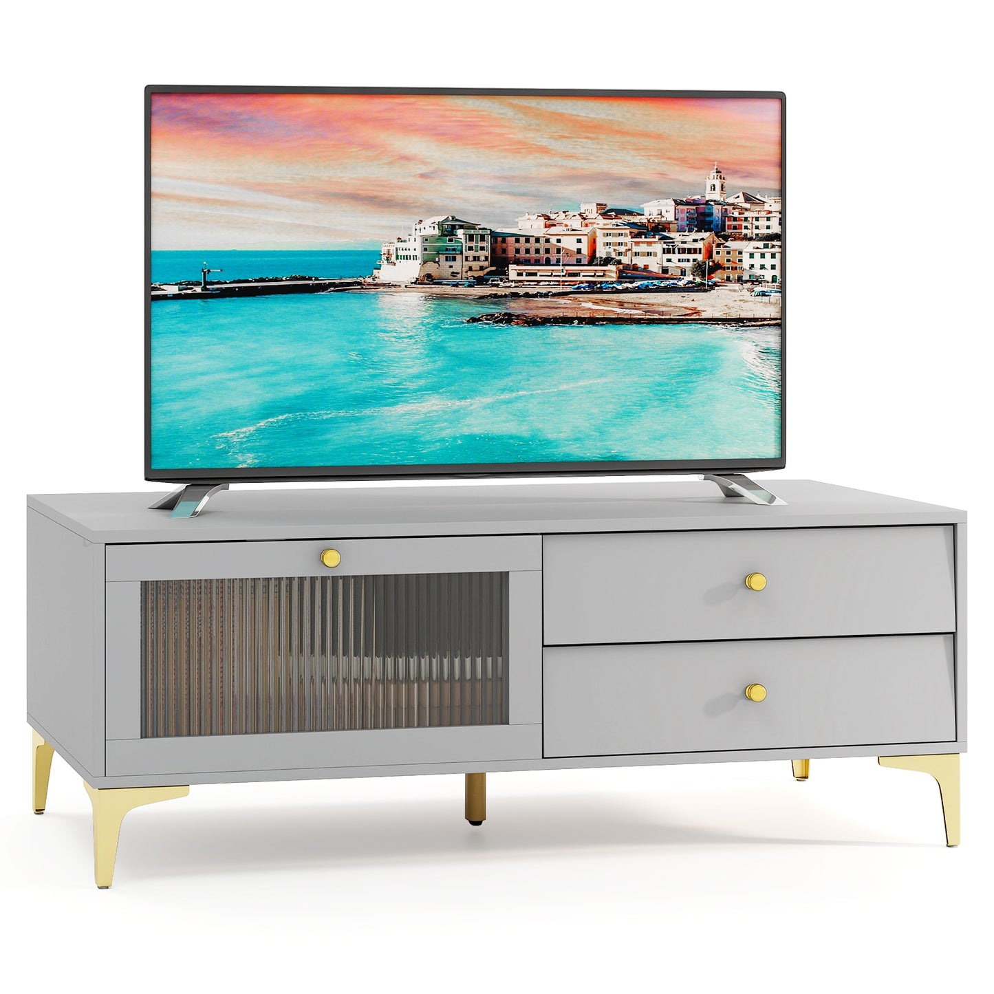 Contemporary Media Console with Glass Front, Storage Compartment and Dual Drawers for 55 Inch TV