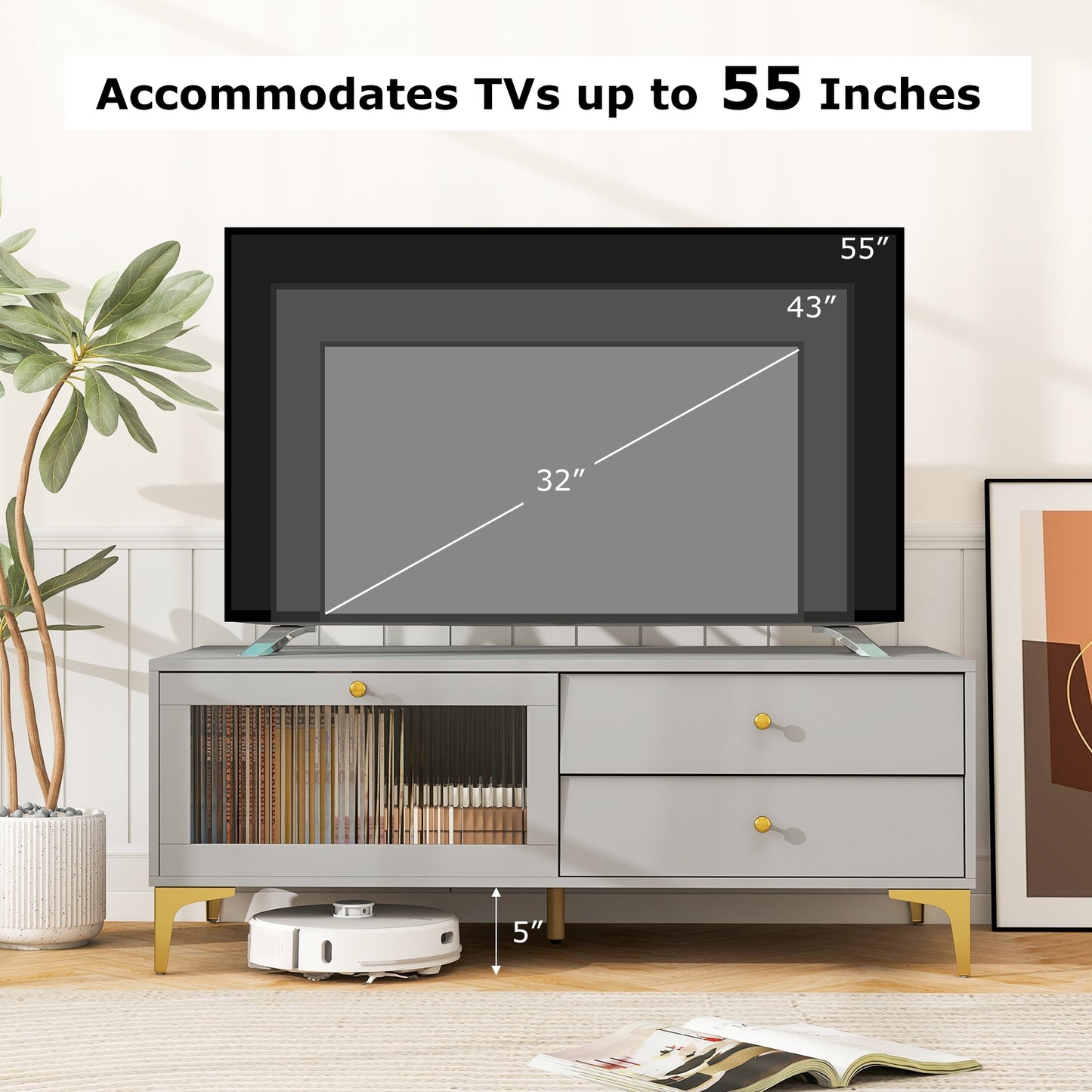 Contemporary Media Console with Glass Front, Storage Compartment and Dual Drawers for 55 Inch TV