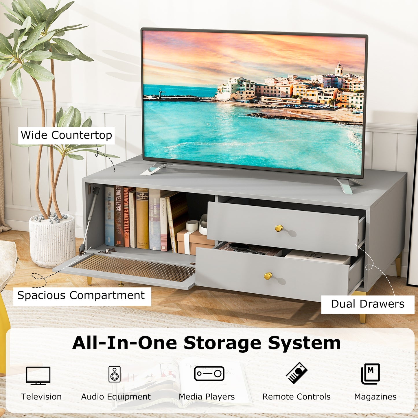 Contemporary Media Console with Glass Front, Storage Compartment and Dual Drawers for 55 Inch TV