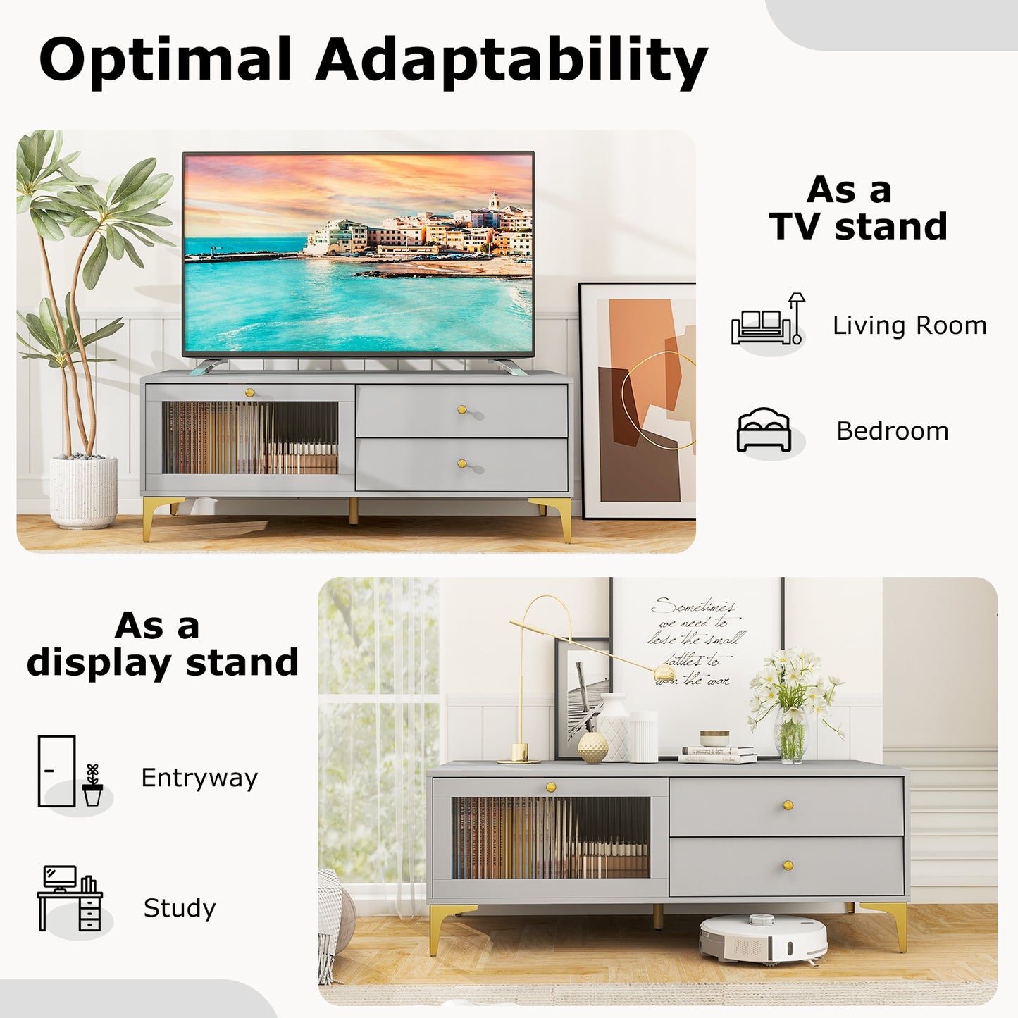 Contemporary Media Console with Glass Front, Storage Compartment and Dual Drawers for 55 Inch TV
