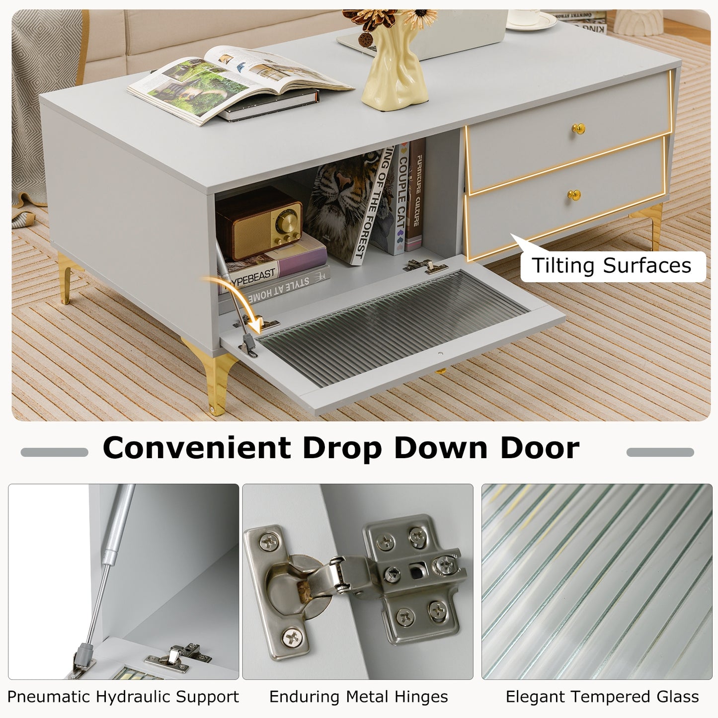 Contemporary Media Console with Glass Front, Storage Compartment and Dual Drawers for 55 Inch TV