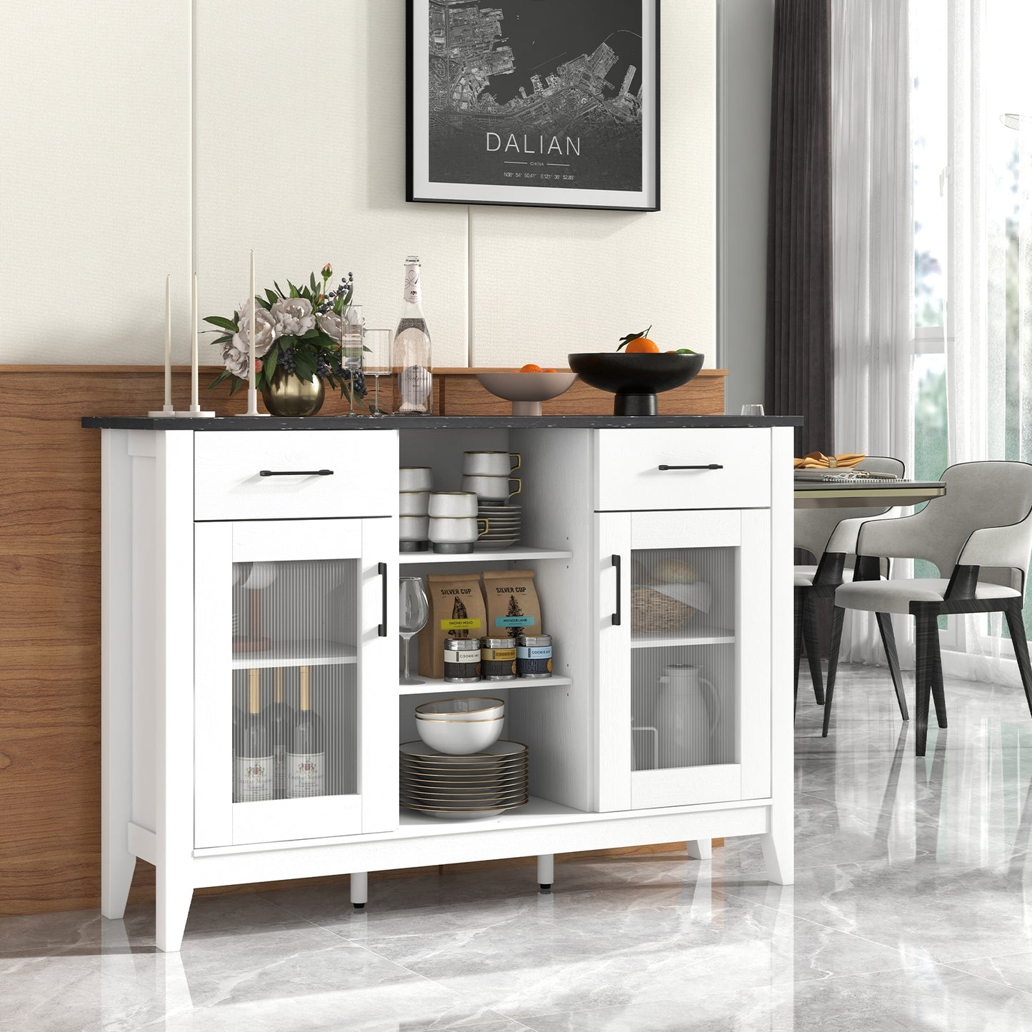 Modern Sideboard Buffet with 2 Drawers and Adjustable Storage Shelves - White