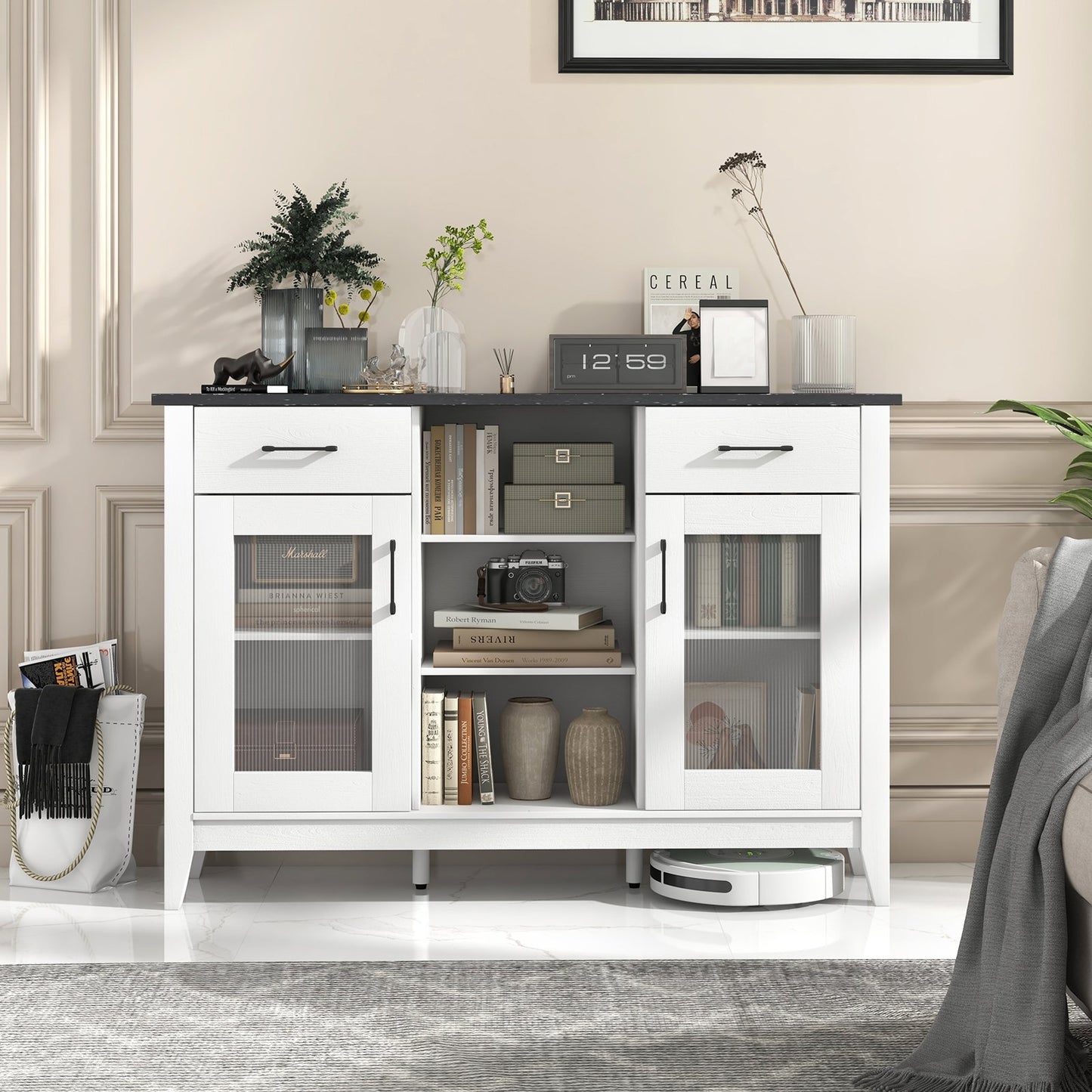 Modern Sideboard Buffet with 2 Drawers and Adjustable Storage Shelves - White
