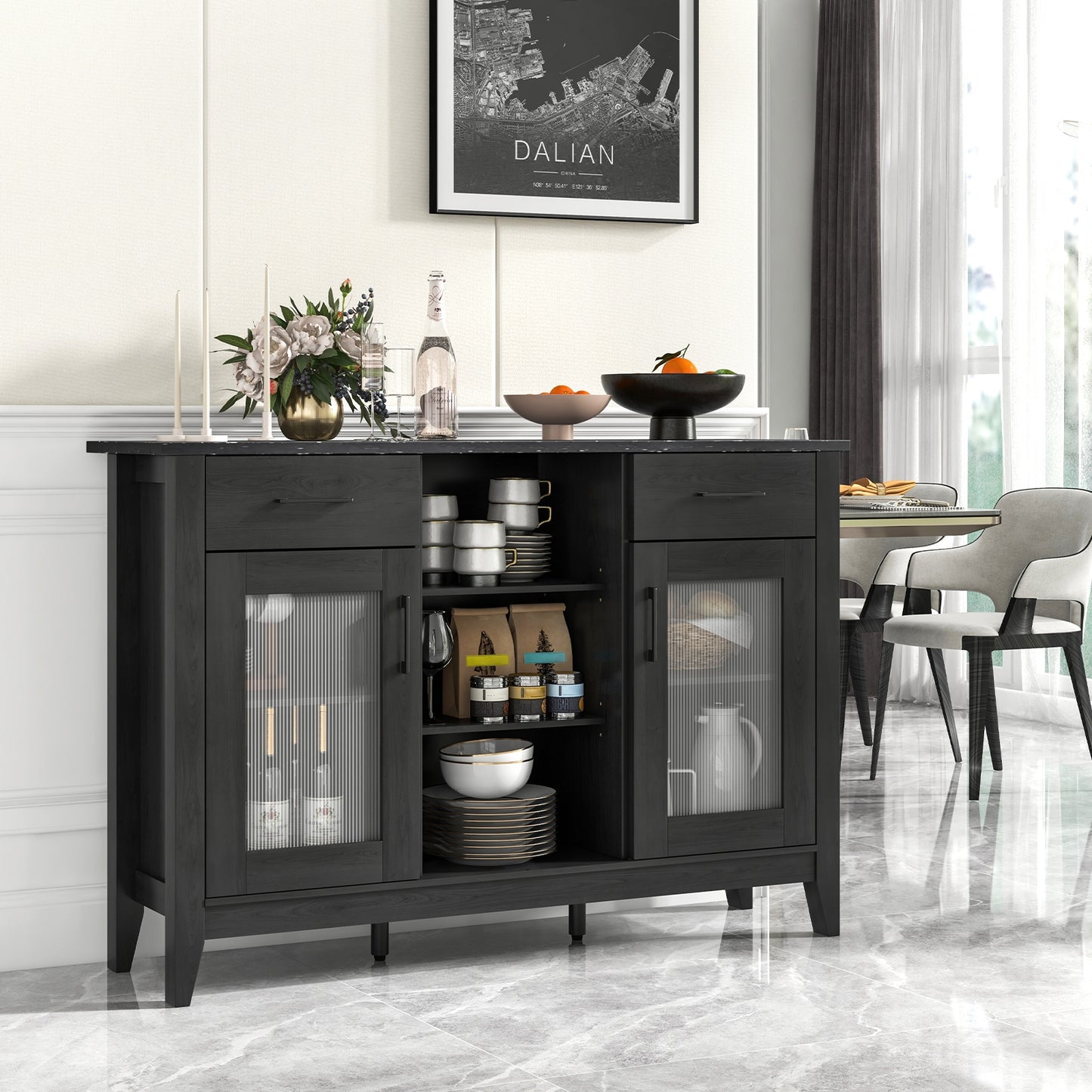 Modern Sideboard Buffet with 2 Drawers and Adjustable Storage Shelves - Black