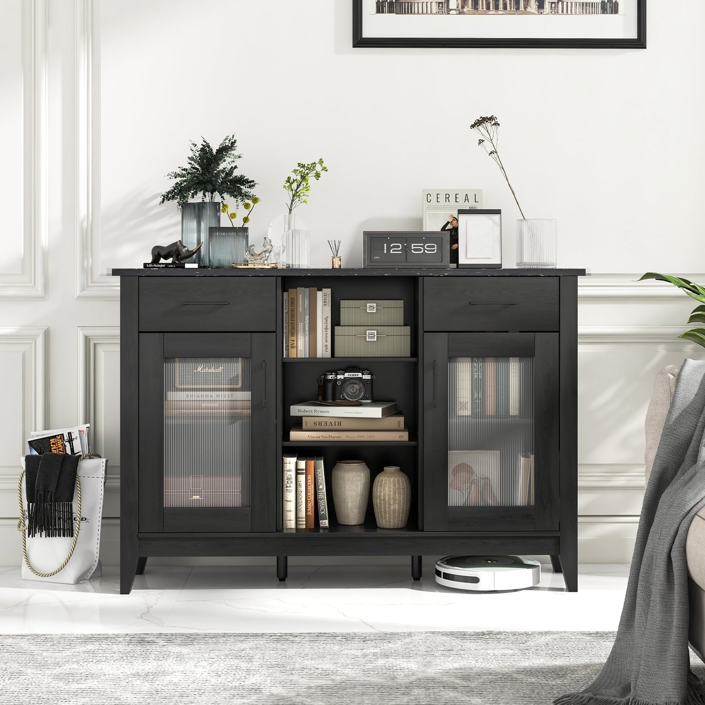 Modern Sideboard Buffet with 2 Drawers and Adjustable Storage Shelves - Black