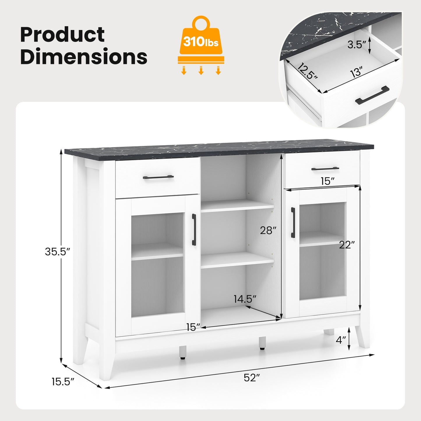 Modern Sideboard Buffet with 2 Drawers and Adjustable Storage Shelves - White