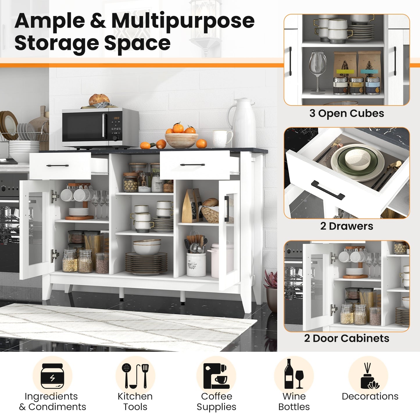 Modern Sideboard Buffet with 2 Drawers and Adjustable Storage Shelves - White
