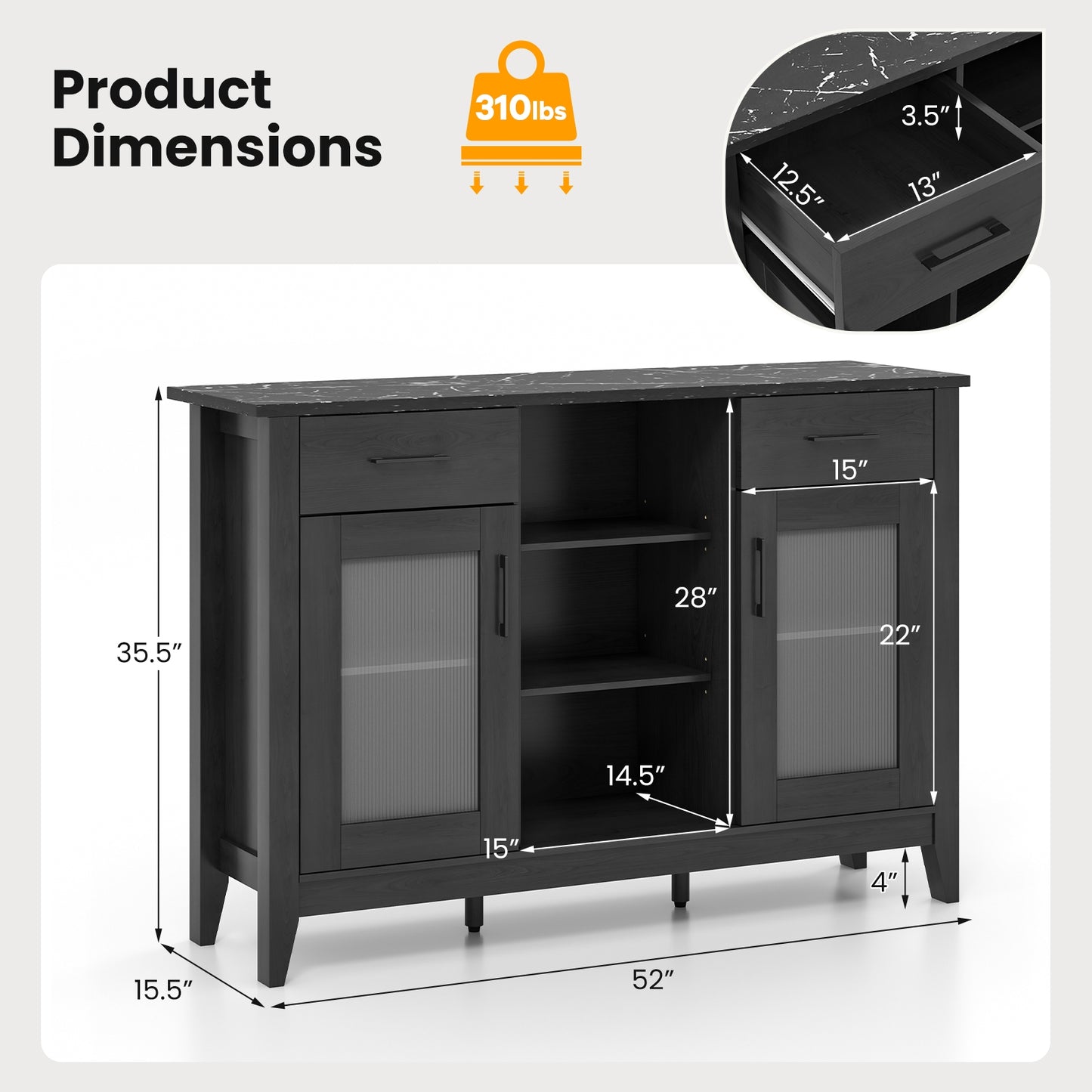 Modern Sideboard Buffet with 2 Drawers and Adjustable Storage Shelves - Black