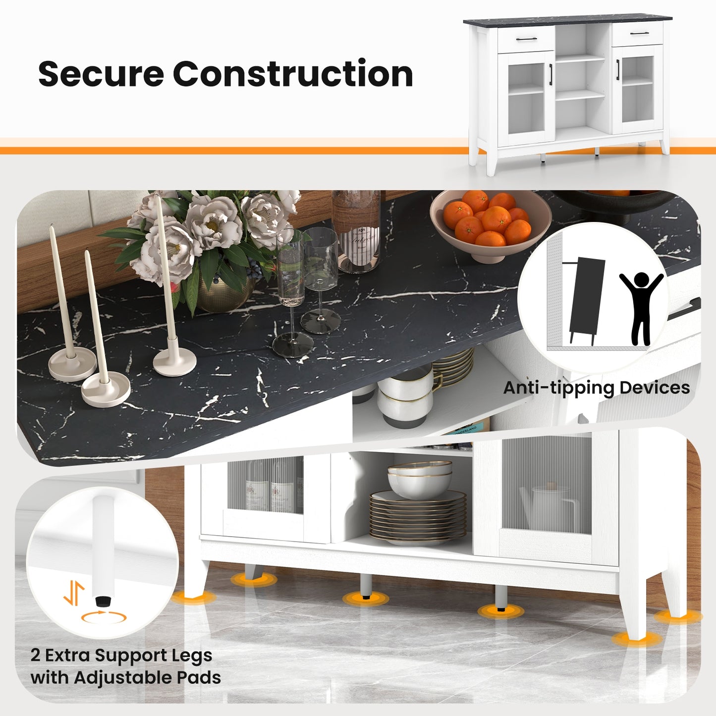 Modern Sideboard Buffet with 2 Drawers and Adjustable Storage Shelves - White