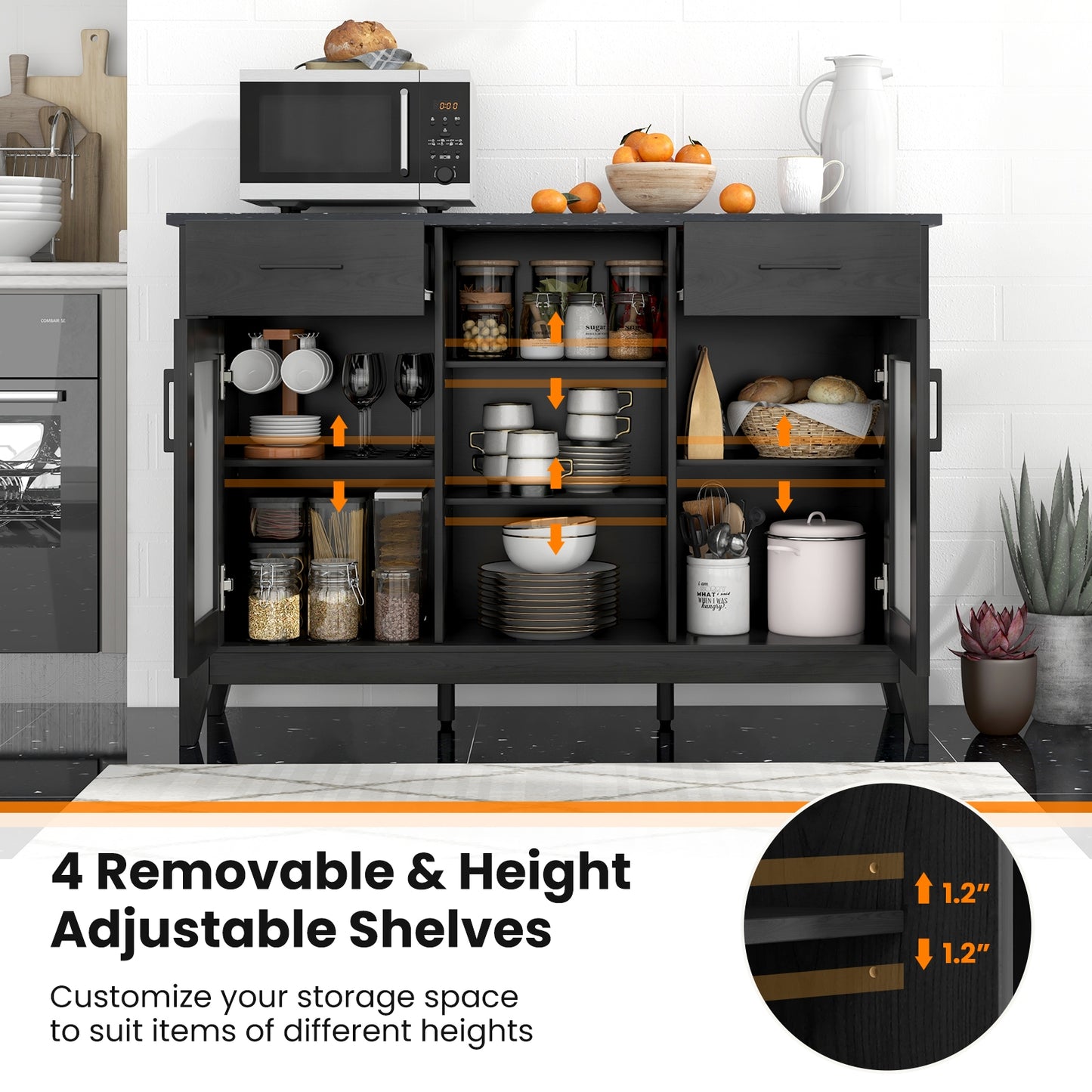 Modern Sideboard Buffet with 2 Drawers and Adjustable Storage Shelves - Black