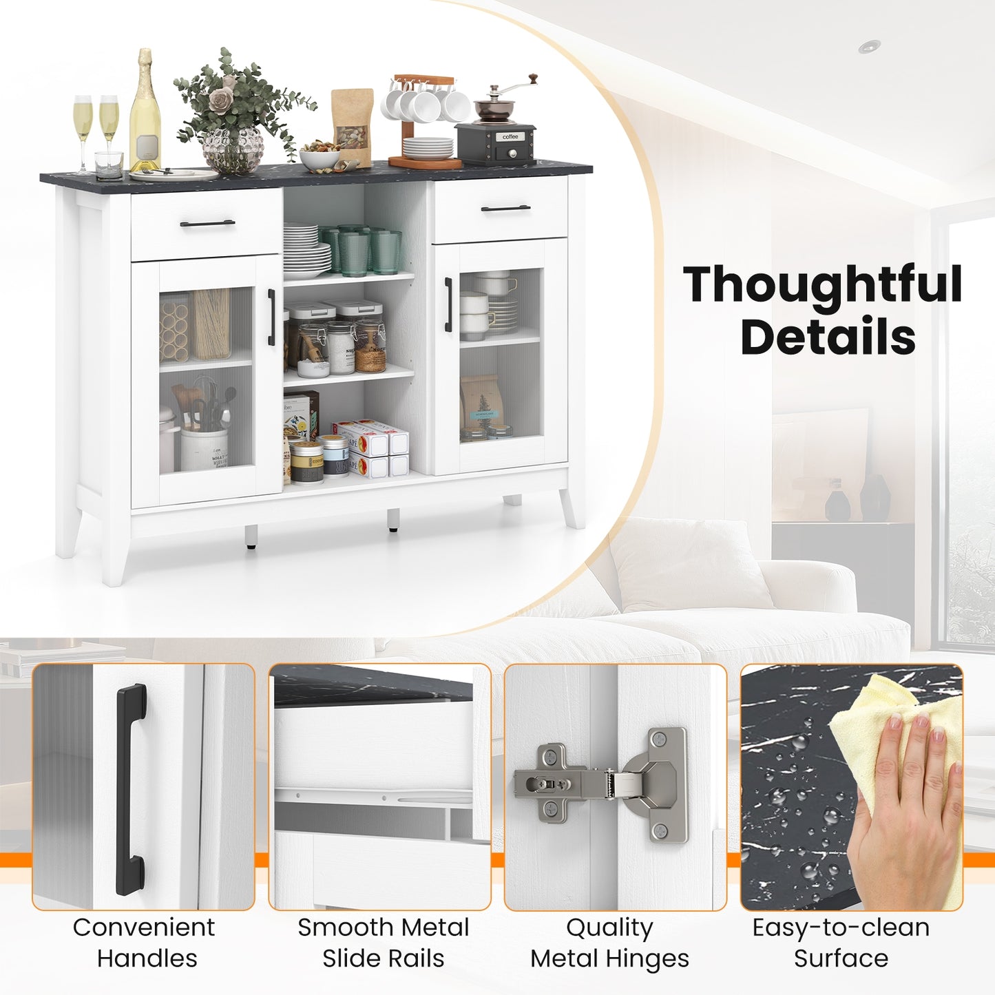 Modern Sideboard Buffet with 2 Drawers and Adjustable Storage Shelves - White