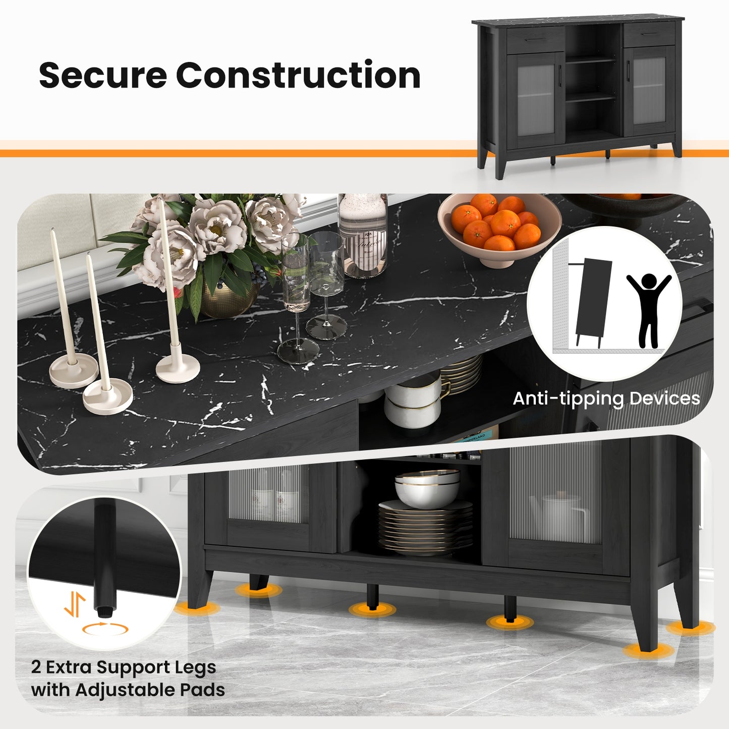 Modern Sideboard Buffet with 2 Drawers and Adjustable Storage Shelves - Black