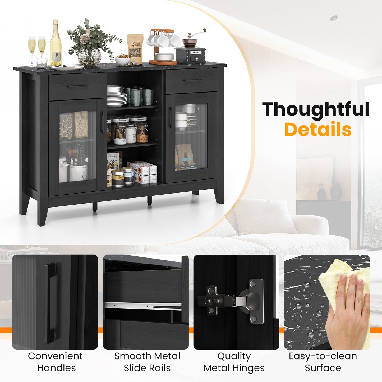 Modern Sideboard Buffet with 2 Drawers and Adjustable Storage Shelves - Black