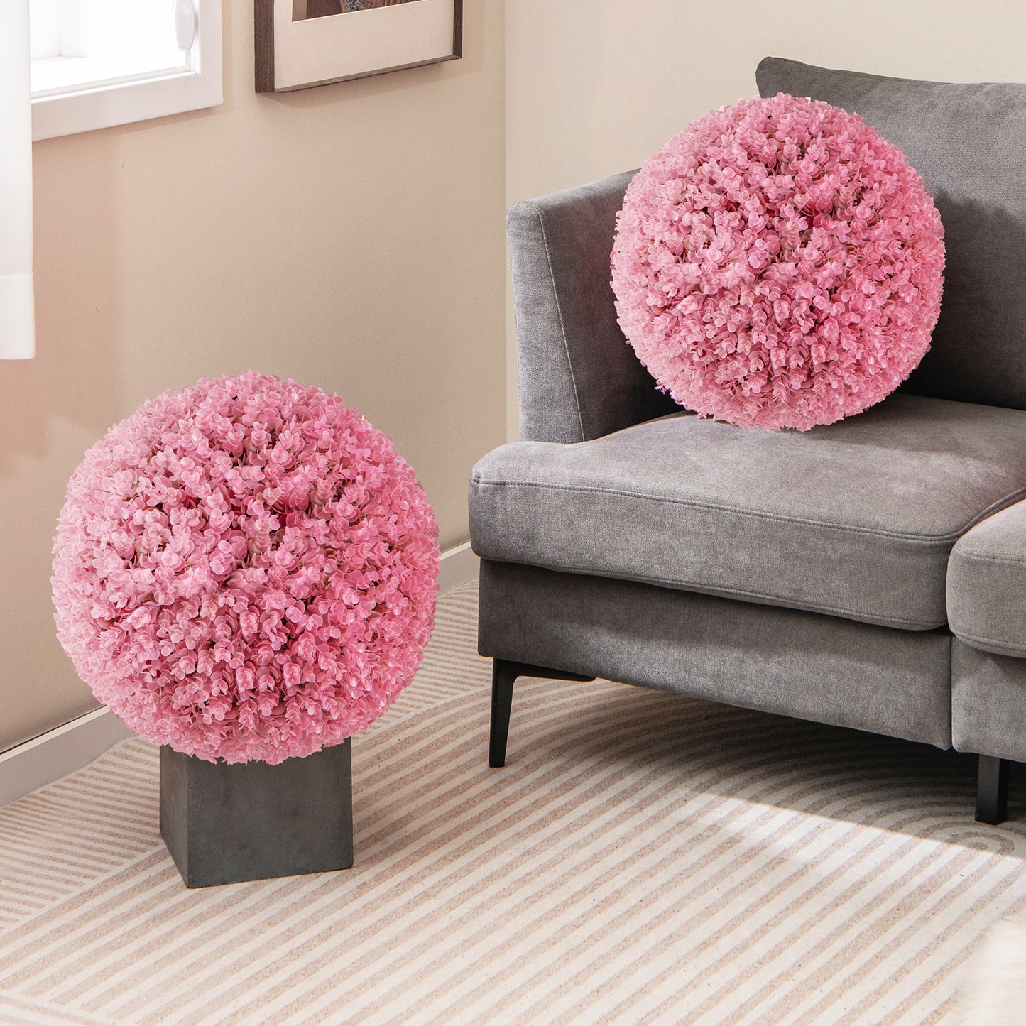 17.5" Faux Pink Eucalyptus Topiary Balls with 7 Layer Leaves for Garden, Porch & Wedding Decor