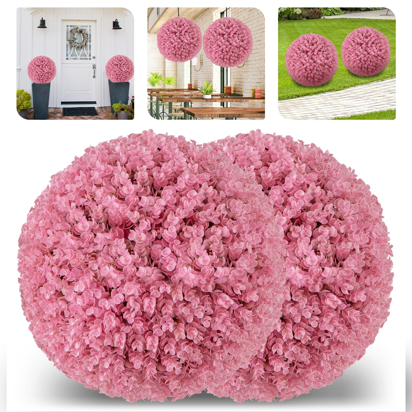 17.5" Faux Pink Eucalyptus Topiary Balls with 7 Layer Leaves for Garden, Porch & Wedding Decor