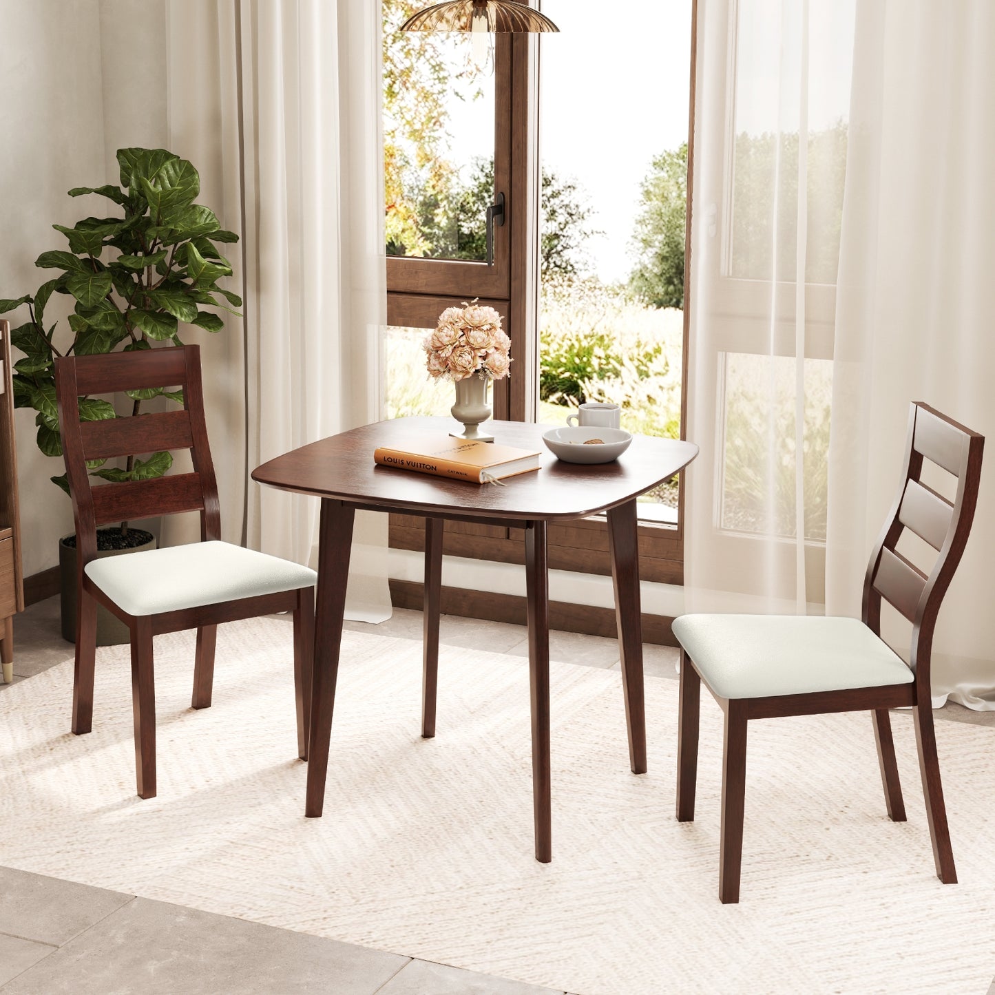 Rustic 3 Piece Wooden Dining Set with Square Table and Upholstered Chairs