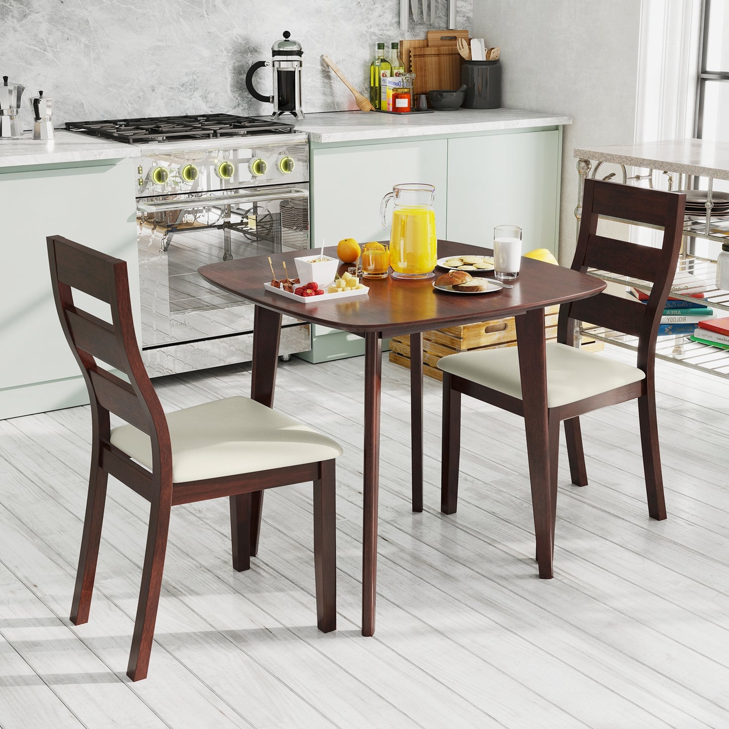 Rustic 3 Piece Wooden Dining Set with Square Table and Upholstered Chairs