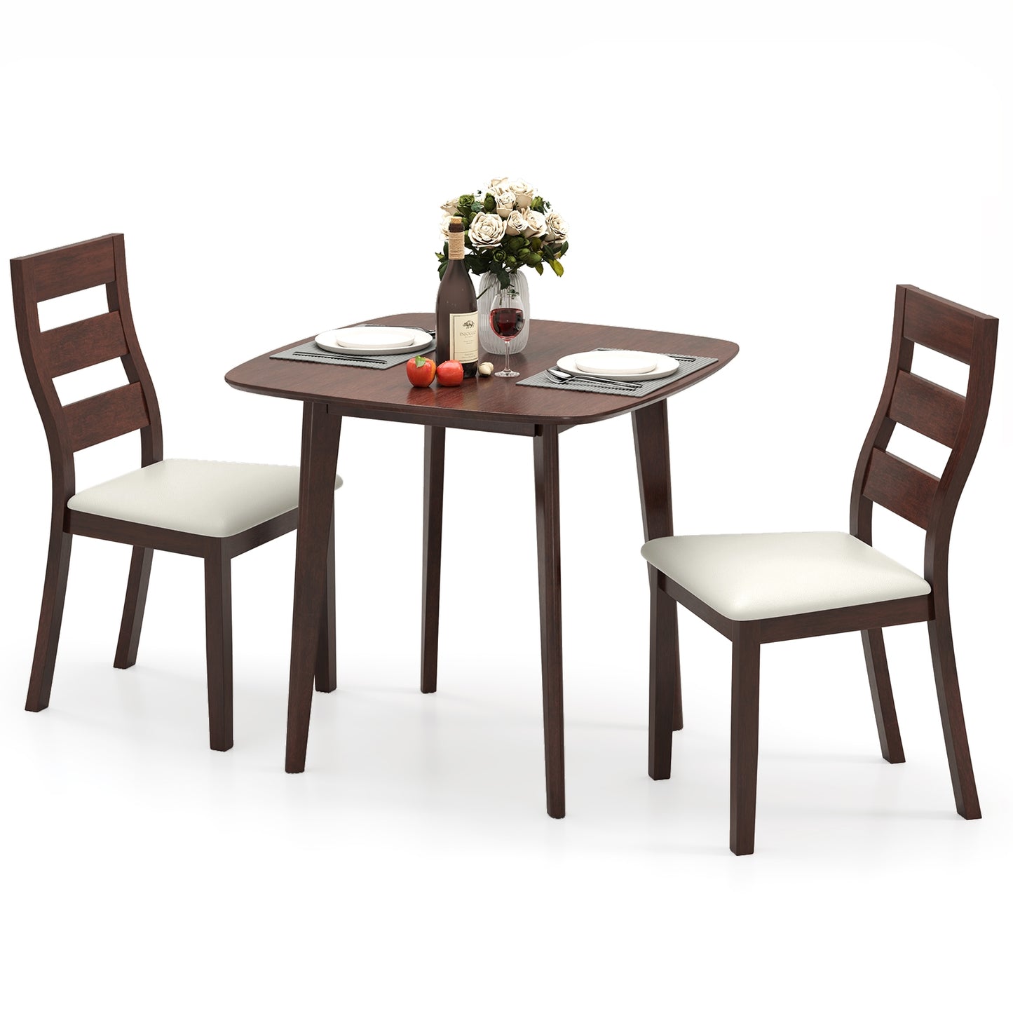 Rustic 3 Piece Wooden Dining Set with Square Table and Upholstered Chairs