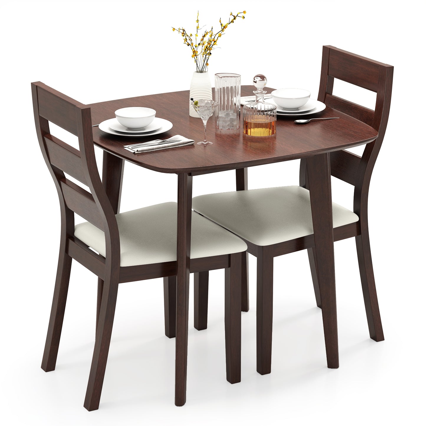 Rustic 3 Piece Wooden Dining Set with Square Table and Upholstered Chairs