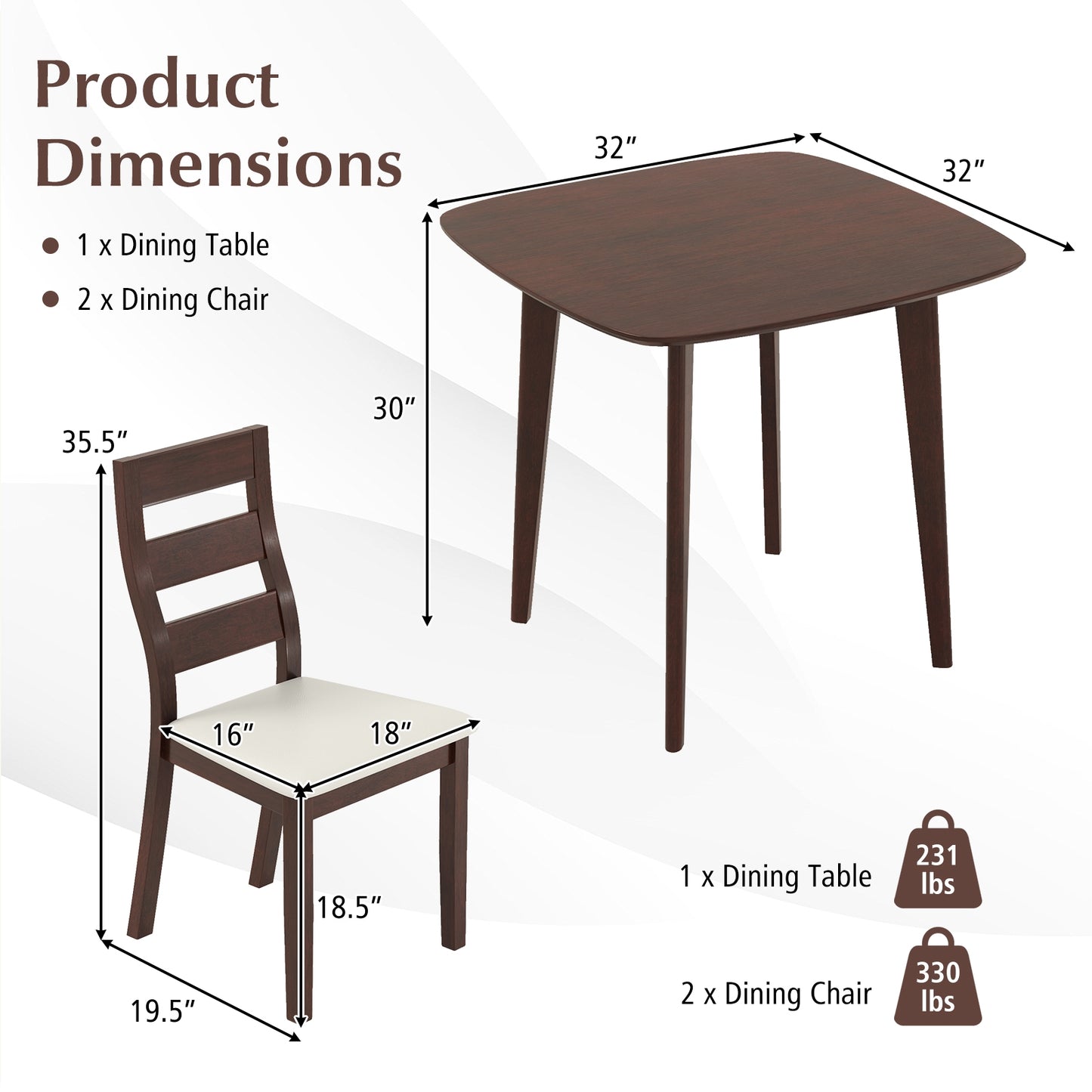 Rustic 3 Piece Wooden Dining Set with Square Table and Upholstered Chairs