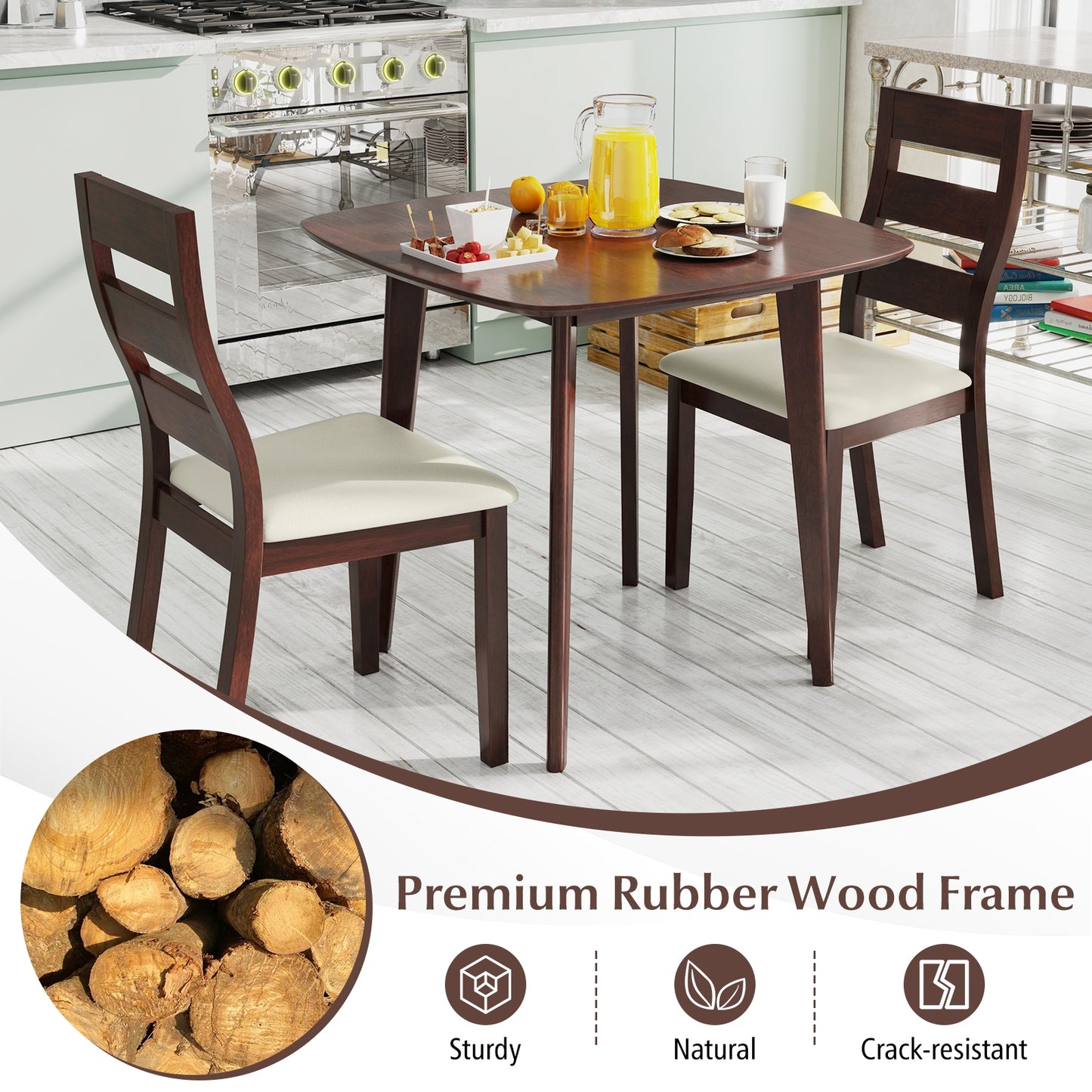 Rustic 3 Piece Wooden Dining Set with Square Table and Upholstered Chairs