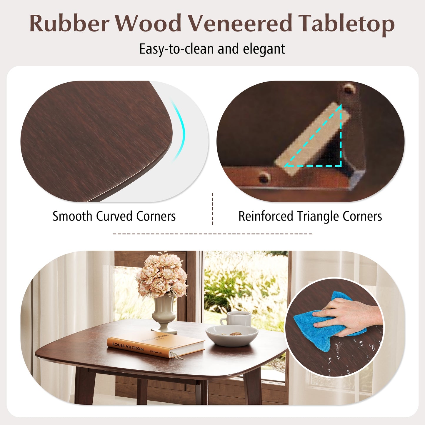 Rustic 3 Piece Wooden Dining Set with Square Table and Upholstered Chairs
