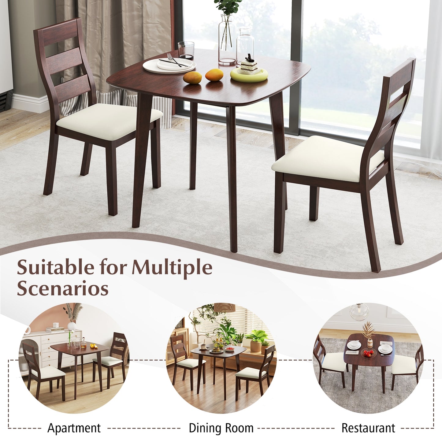 Rustic 3 Piece Wooden Dining Set with Square Table and Upholstered Chairs
