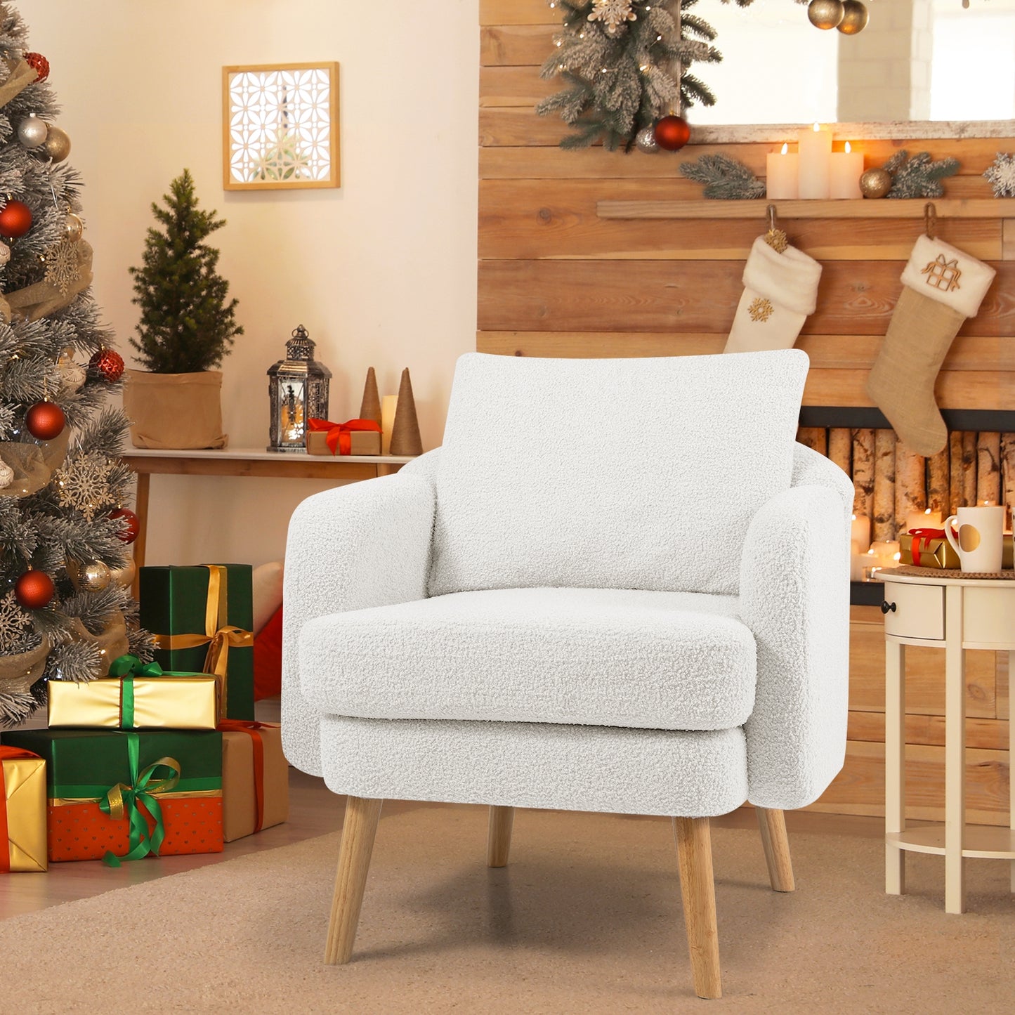 Modern Sherpa Upholstered Accent Chair with Plush Cushion and Wooden Legs – White