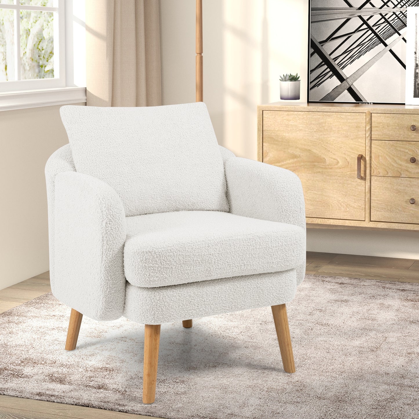 Modern Sherpa Upholstered Accent Chair with Plush Cushion and Wooden Legs – White