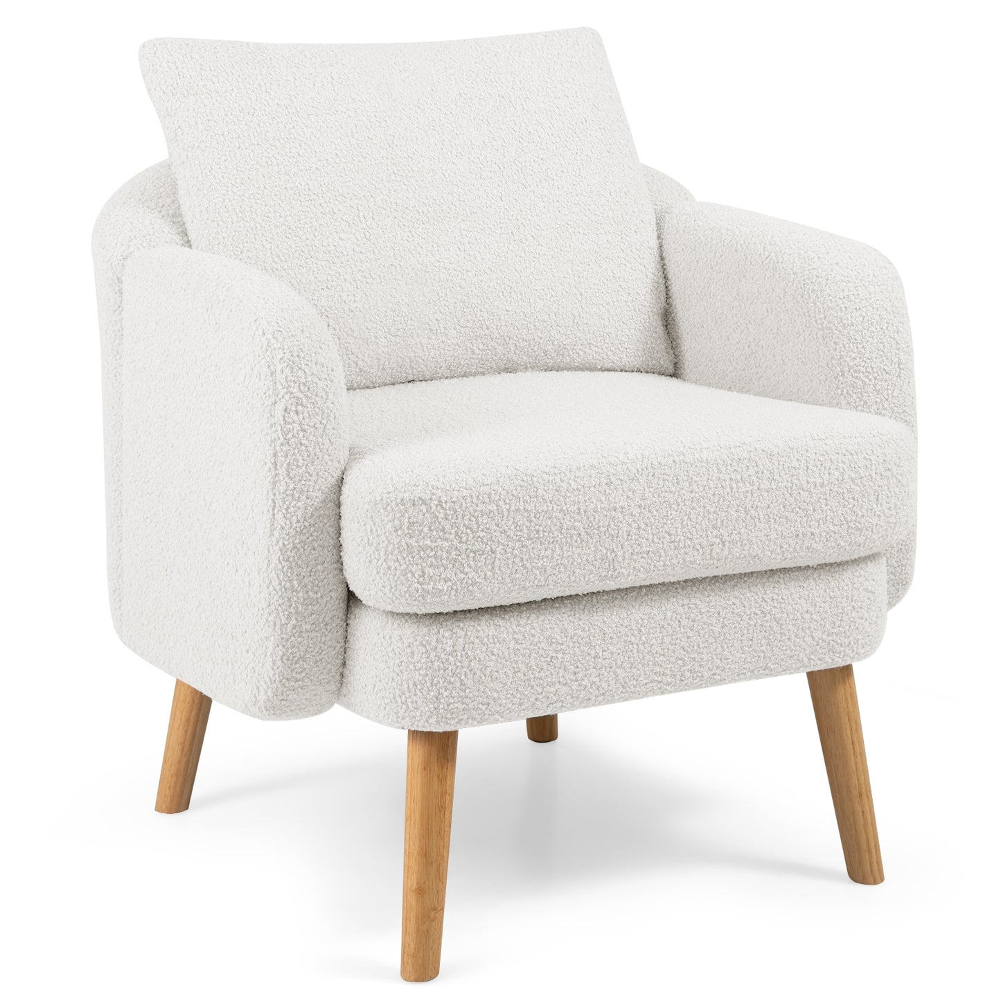 Modern Sherpa Upholstered Accent Chair with Plush Cushion and Wooden Legs – White