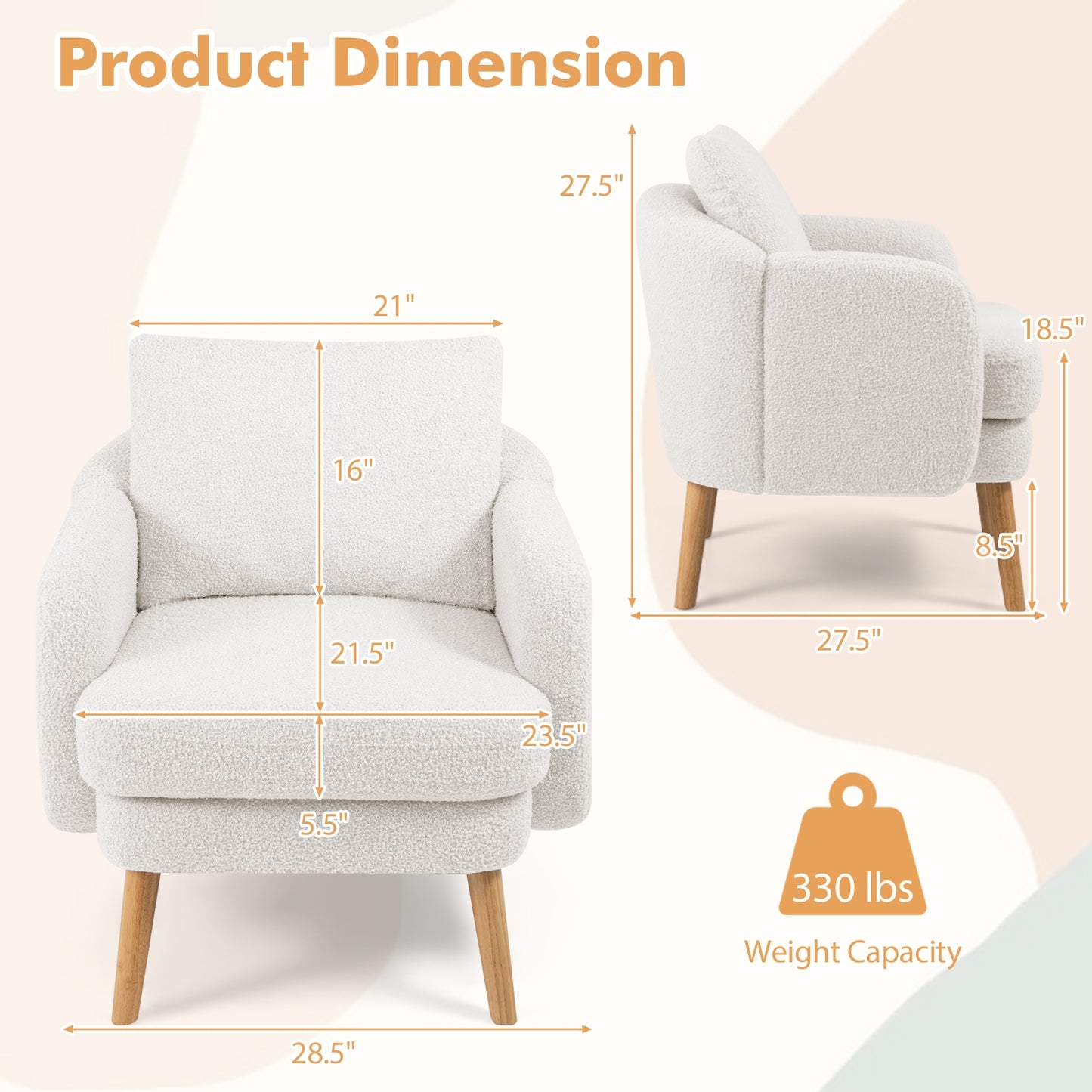 Modern Sherpa Upholstered Accent Chair with Plush Cushion and Wooden Legs – White