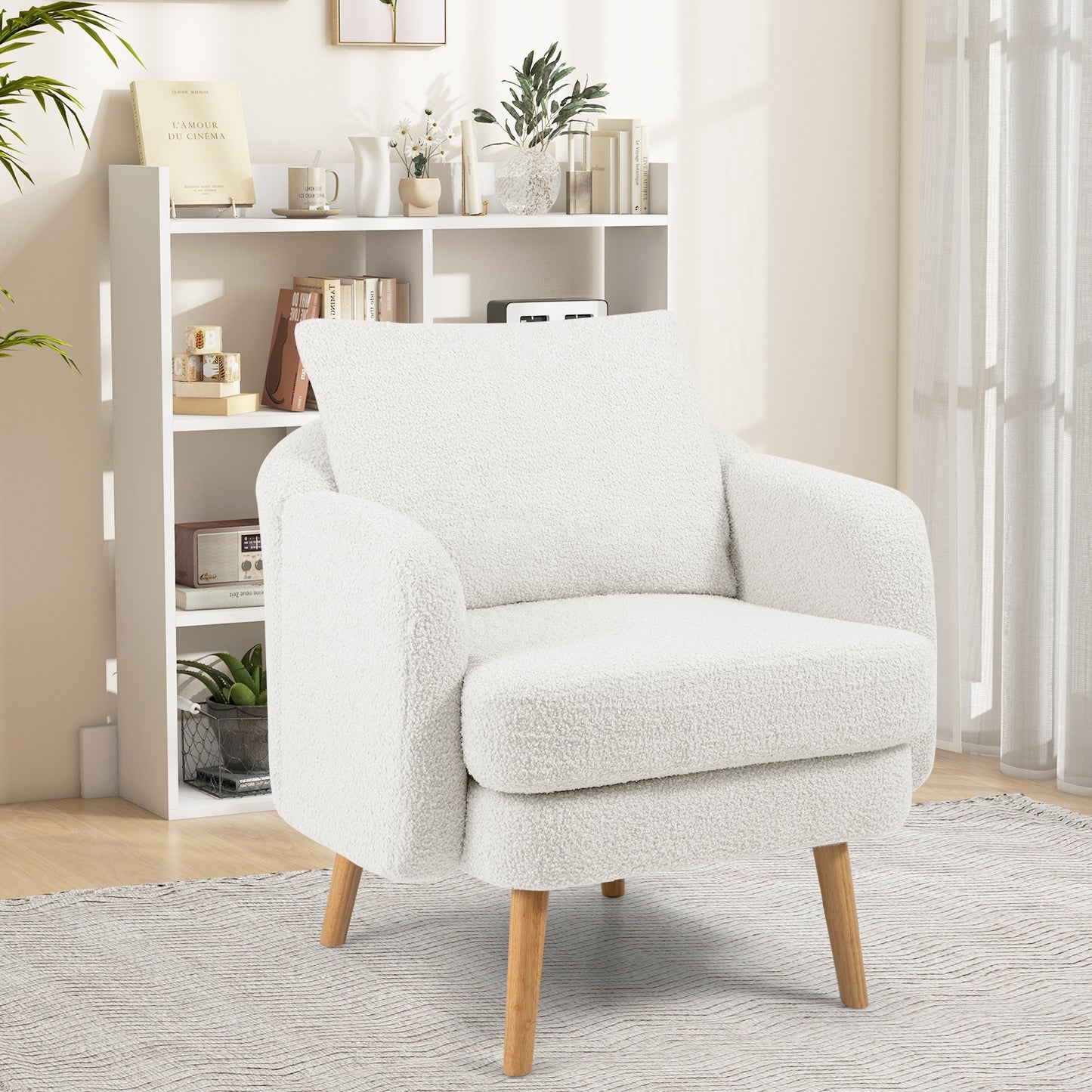 Modern Sherpa Upholstered Accent Chair with Plush Cushion and Wooden Legs – White