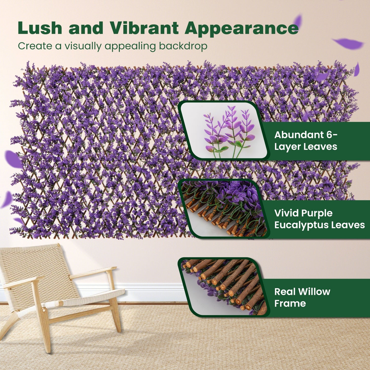 Faux Purple Eucalyptus Privacy Panel with Willow Frame for Balcony & Patio
