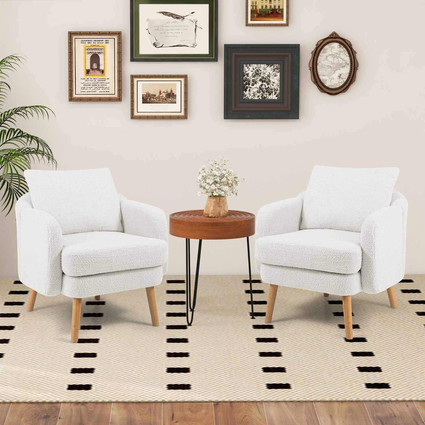 Modern Sherpa Upholstered Accent Chair with Plush Cushion and Wooden Legs – White